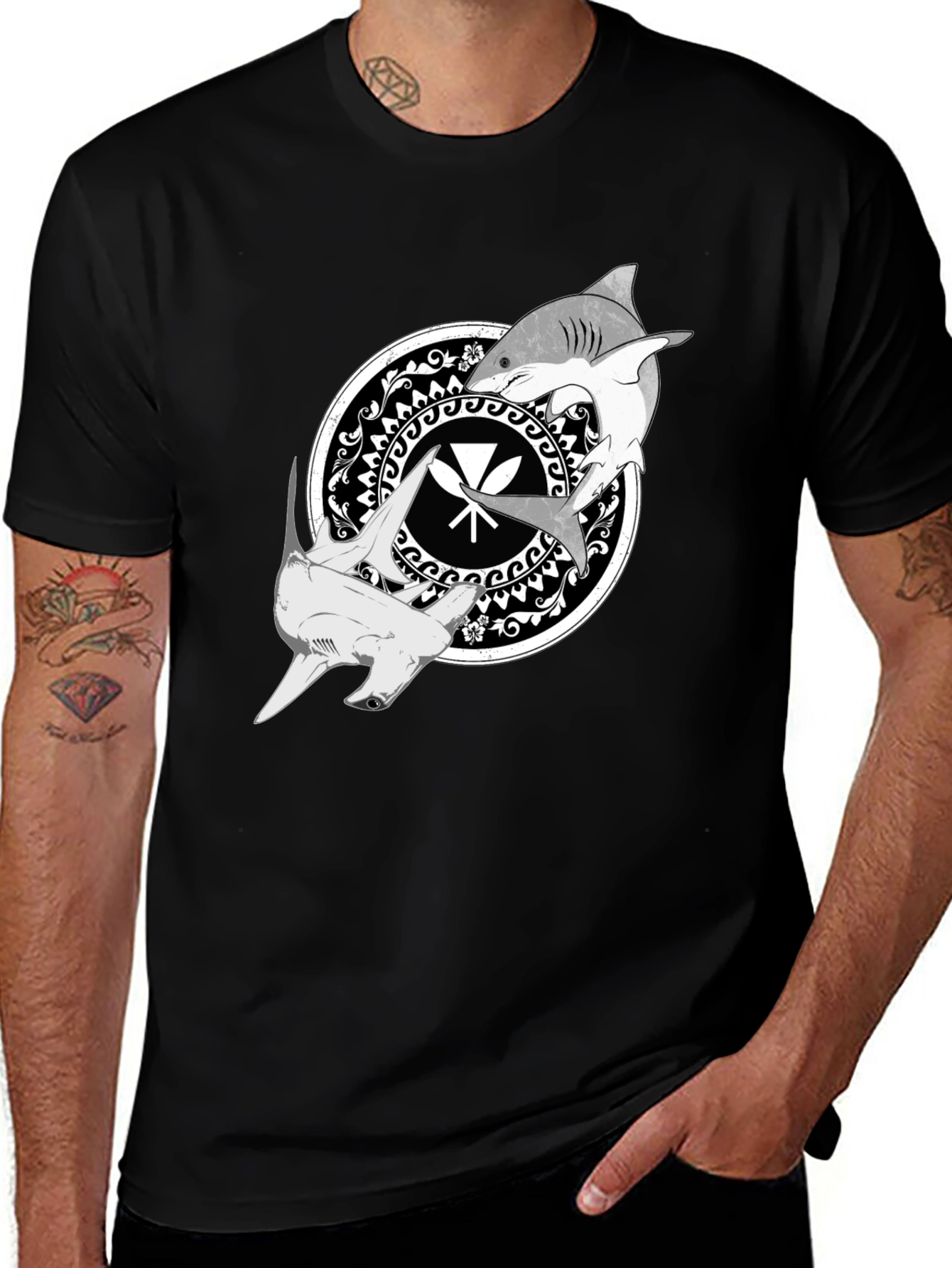 Shark Circle Graphic Tee - Black Crew Neck