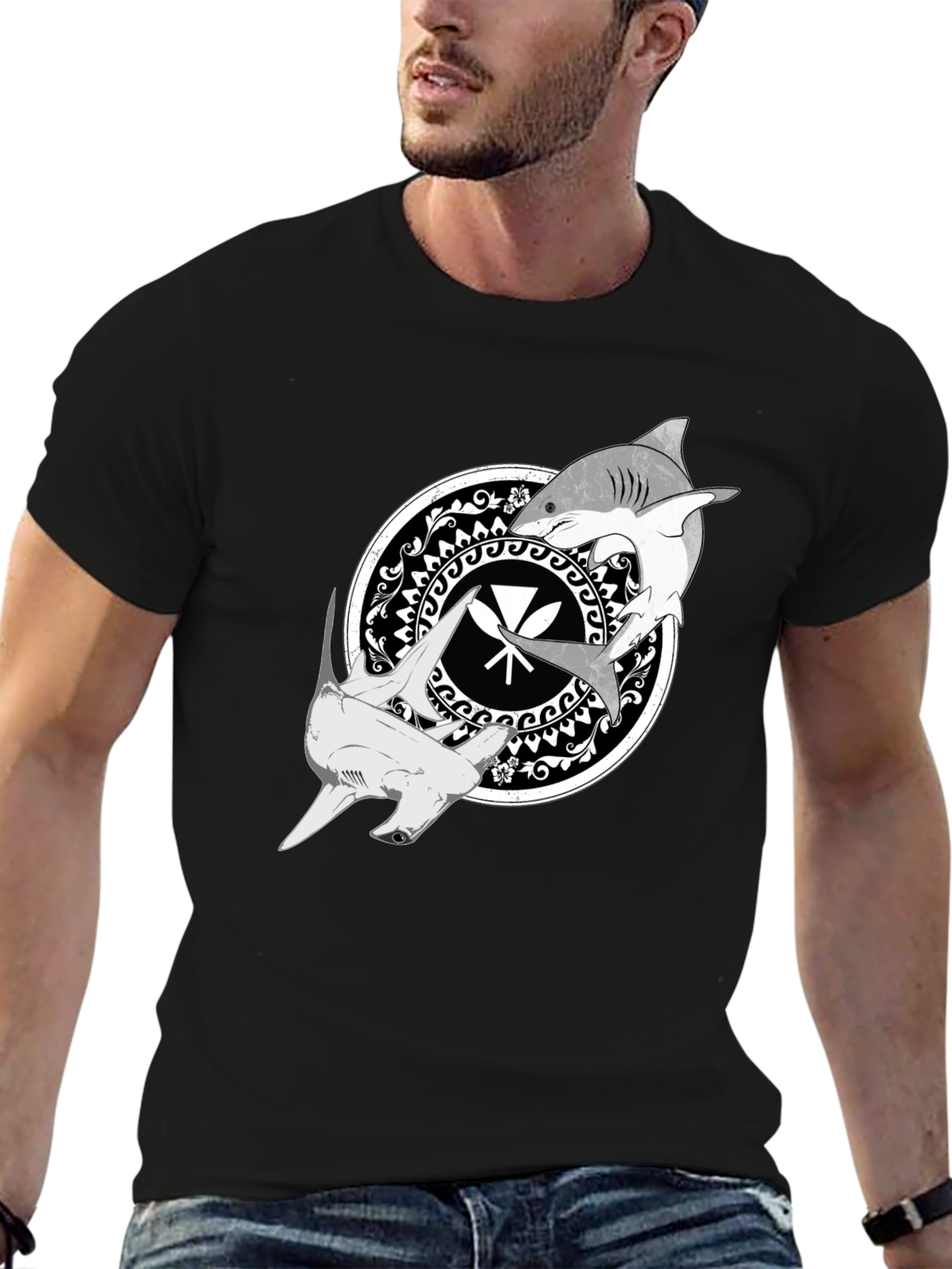 Shark Circle Graphic Tee - Black Crew Neck