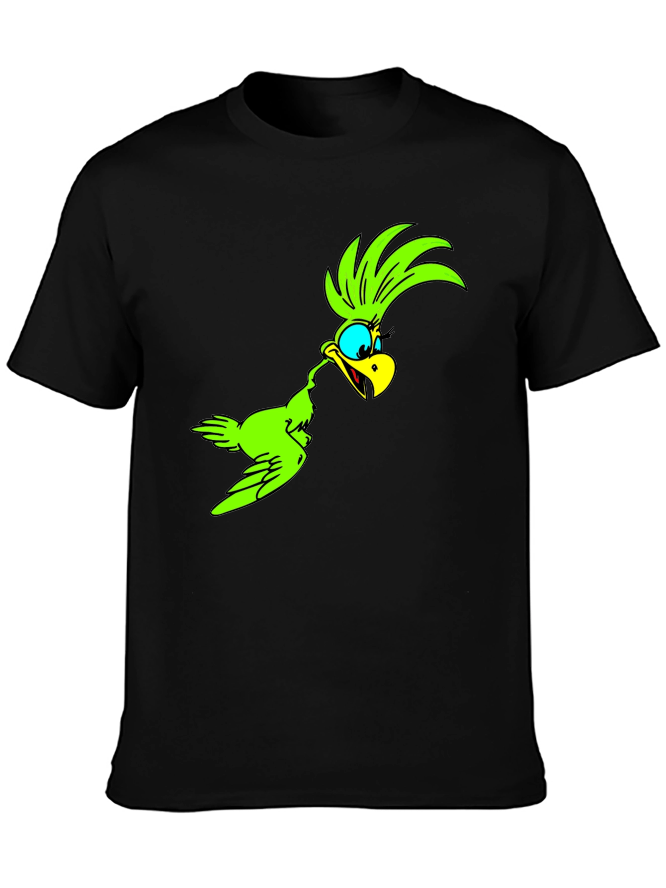 Green Bird Cartoon Black T-Shirt