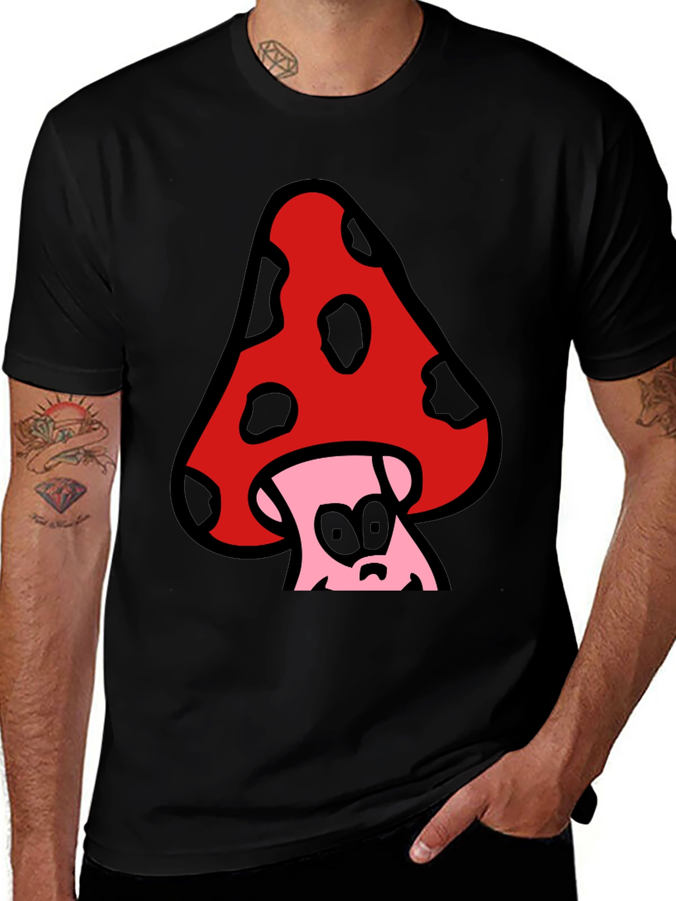 Funky Mushroom Graphic Tee - Black Cotton Blend