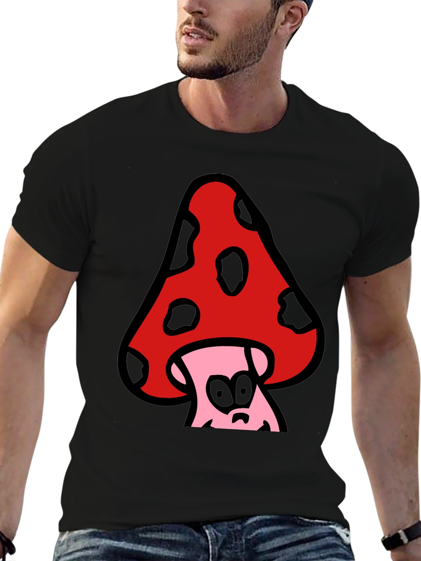 Funky Mushroom Graphic Tee - Black Cotton Blend