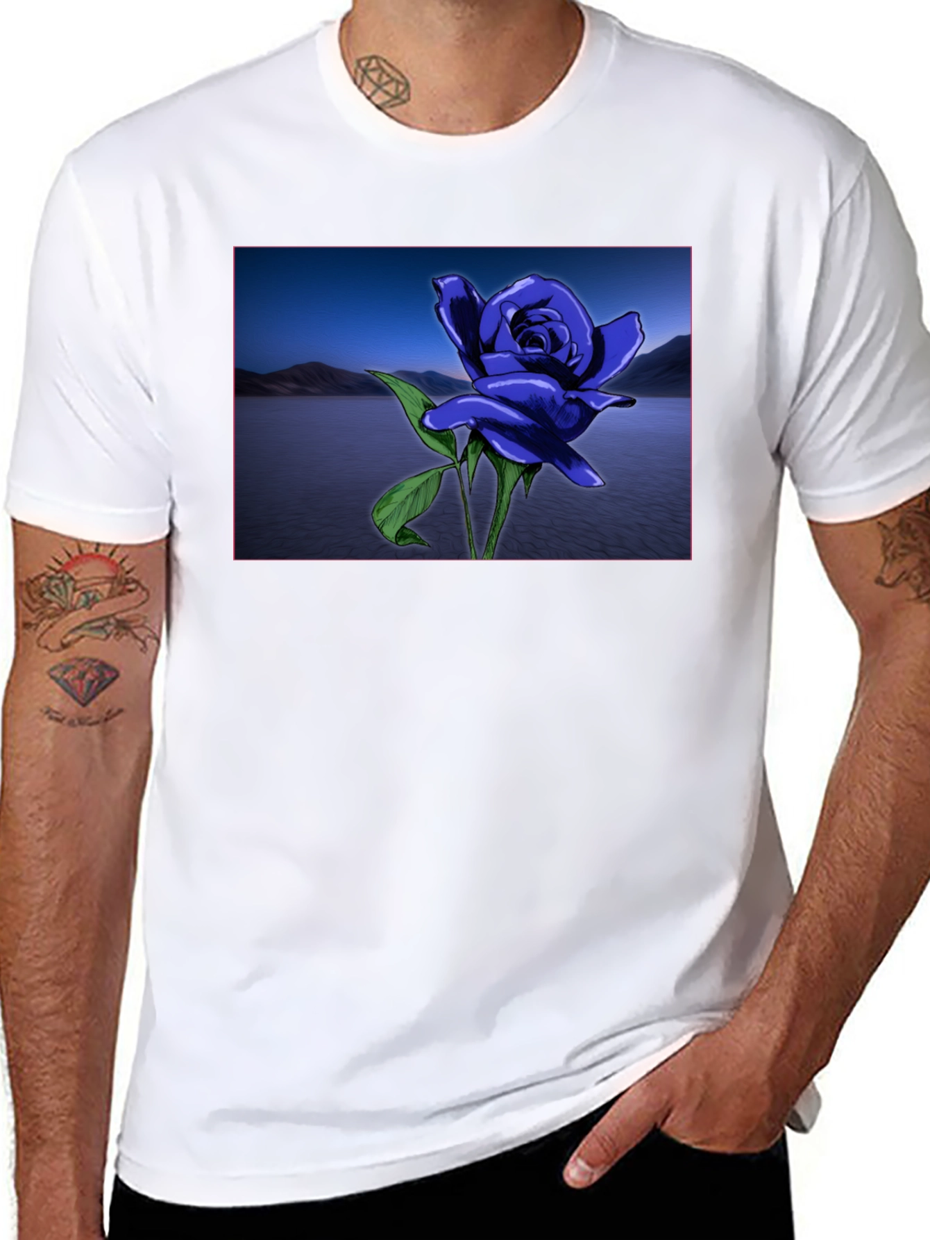Blue Rose Lake Scene Black T-Shirt