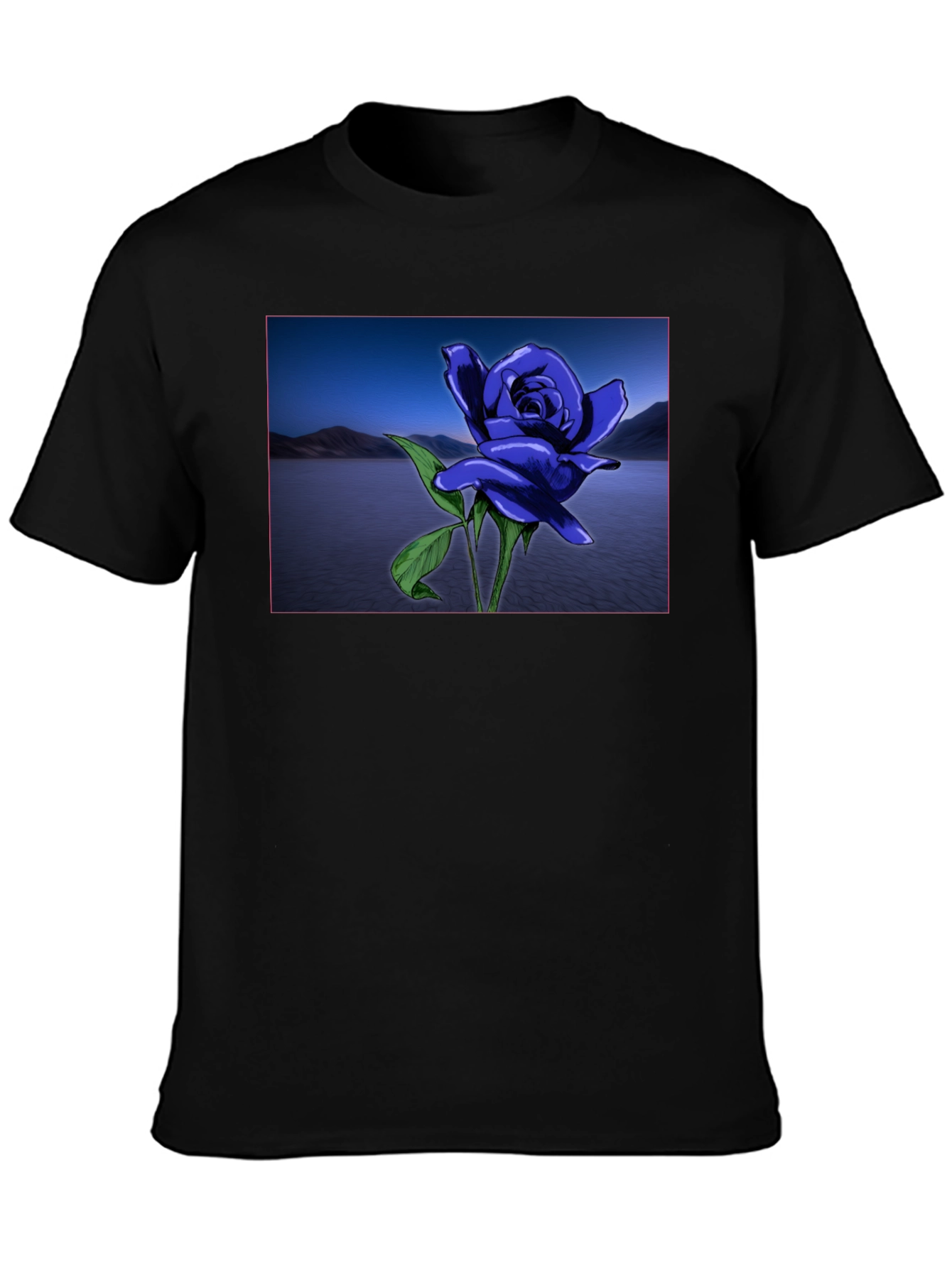 Blue Rose Lake Scene Black T-Shirt