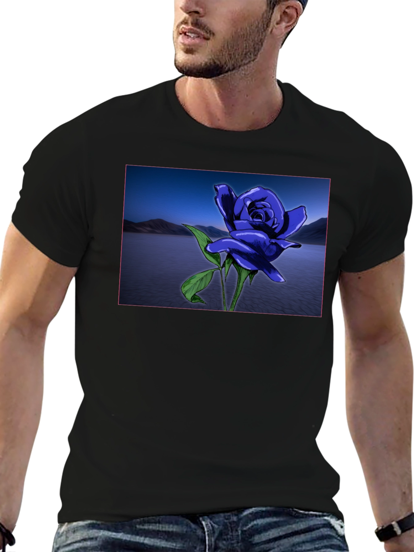 Blue Rose Lake Scene Black T-Shirt