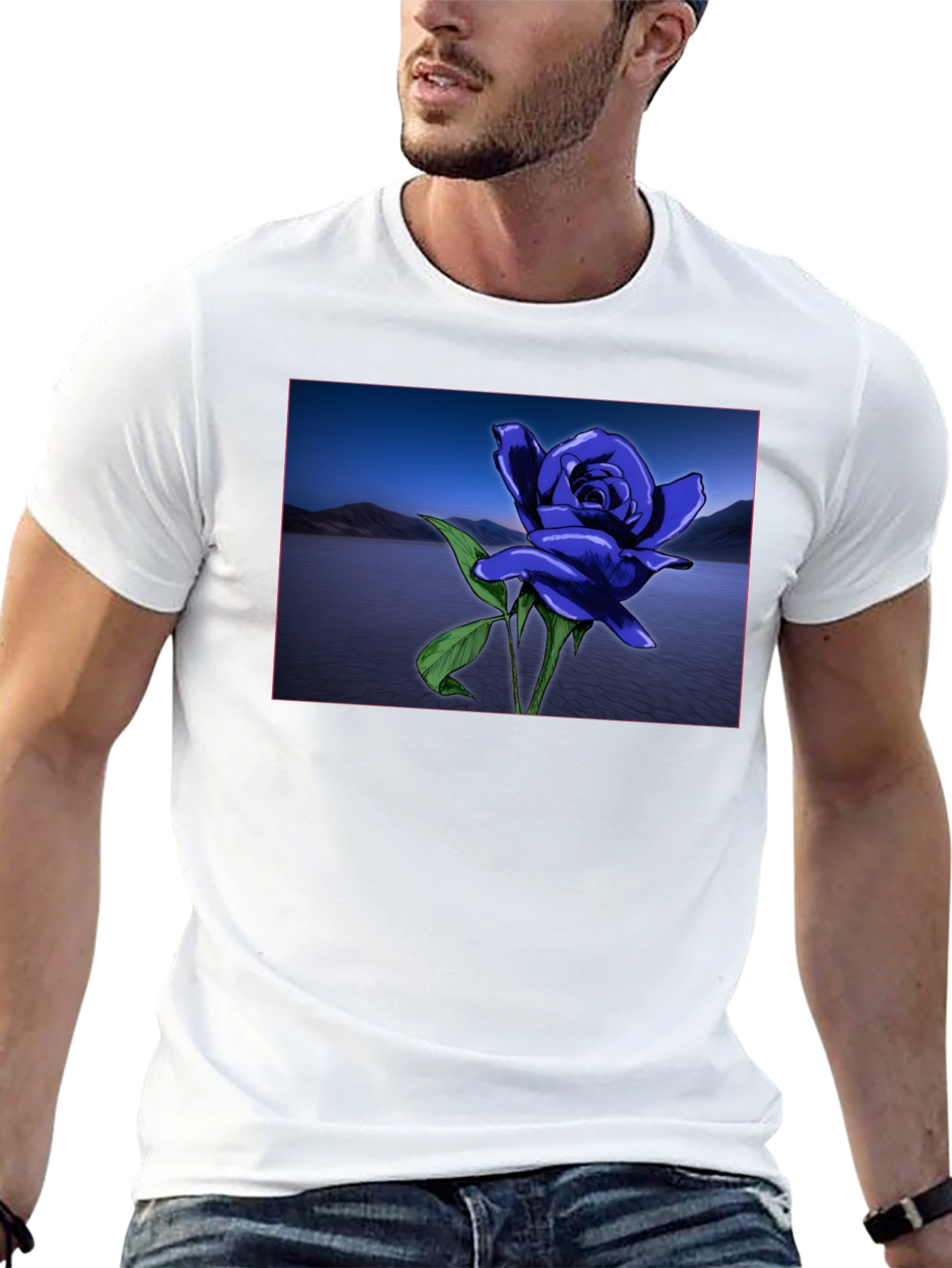 Blue Rose Lake Scene Black T-Shirt