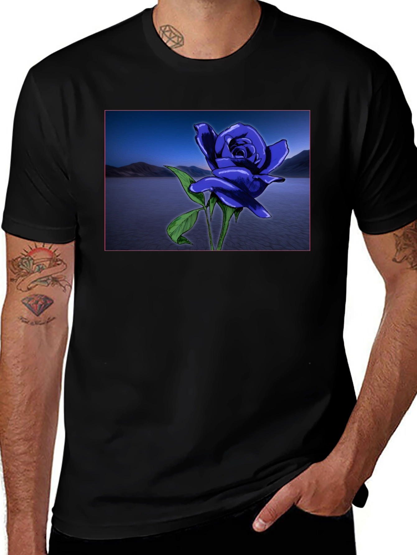 Blue Rose Lake Scene Black T-Shirt
