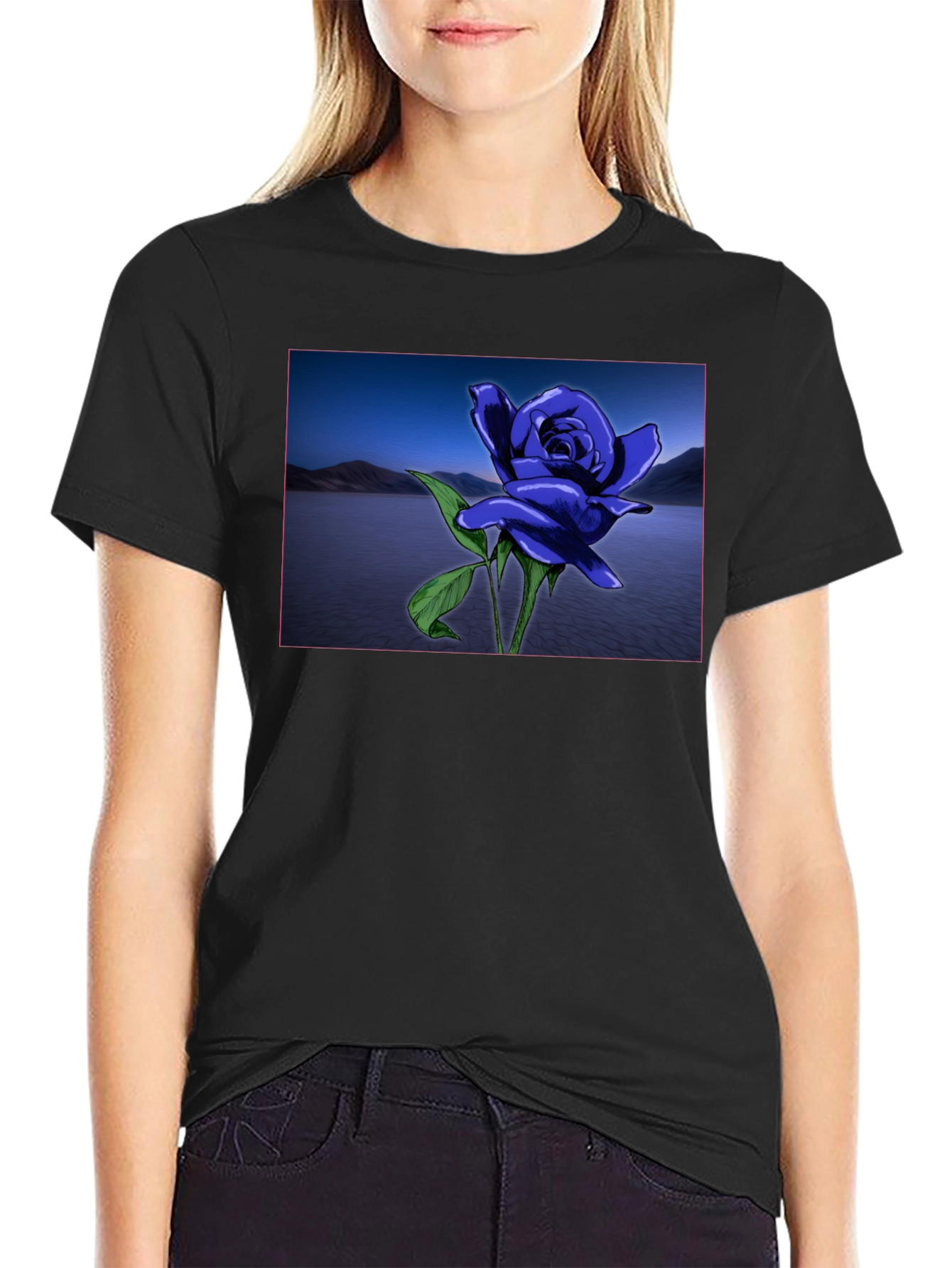 Blue Rose Lake Scene Black T-Shirt