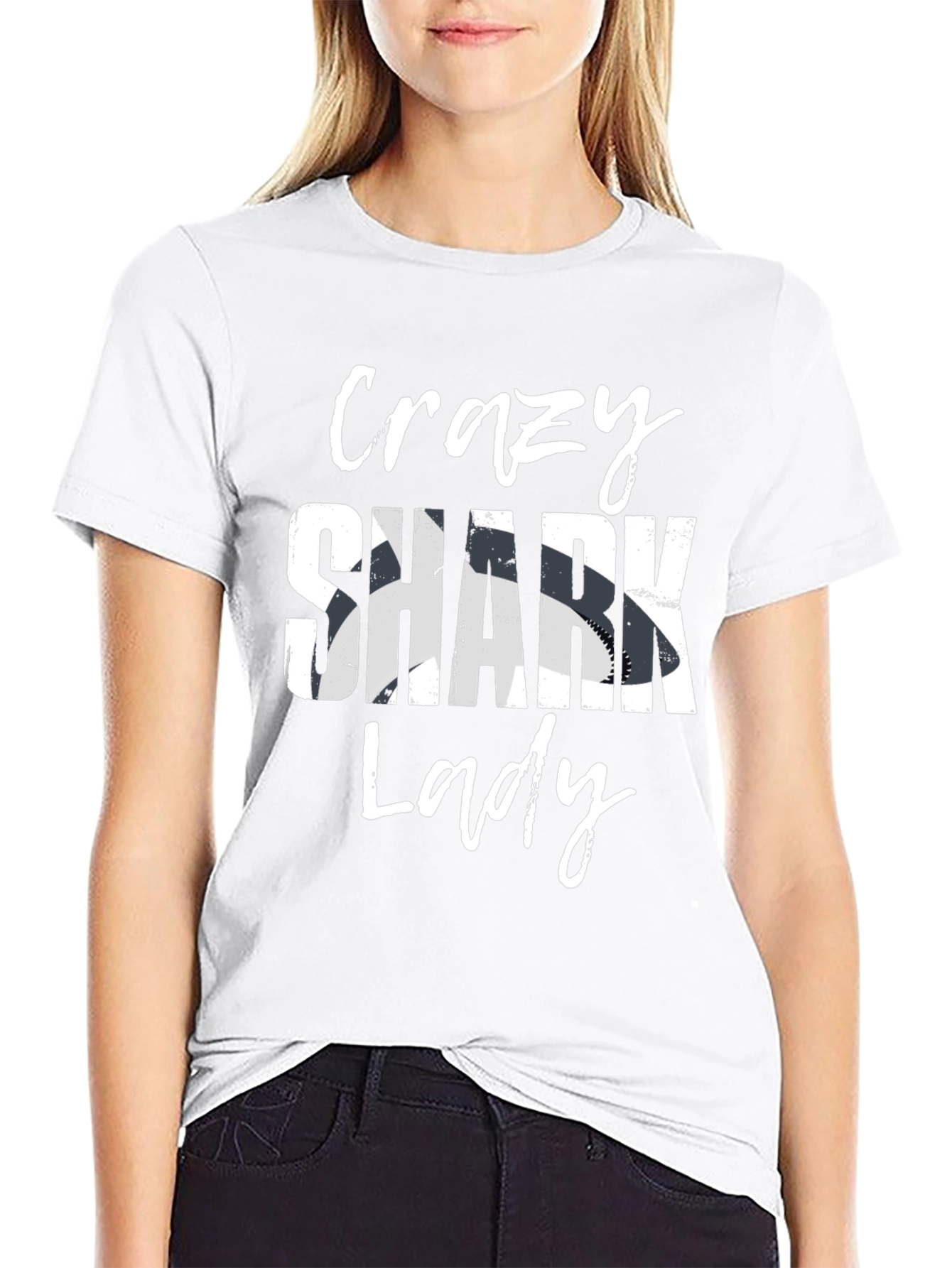 Crazy Shark Lady Graphic T-Shirt - Black Cotton Tee