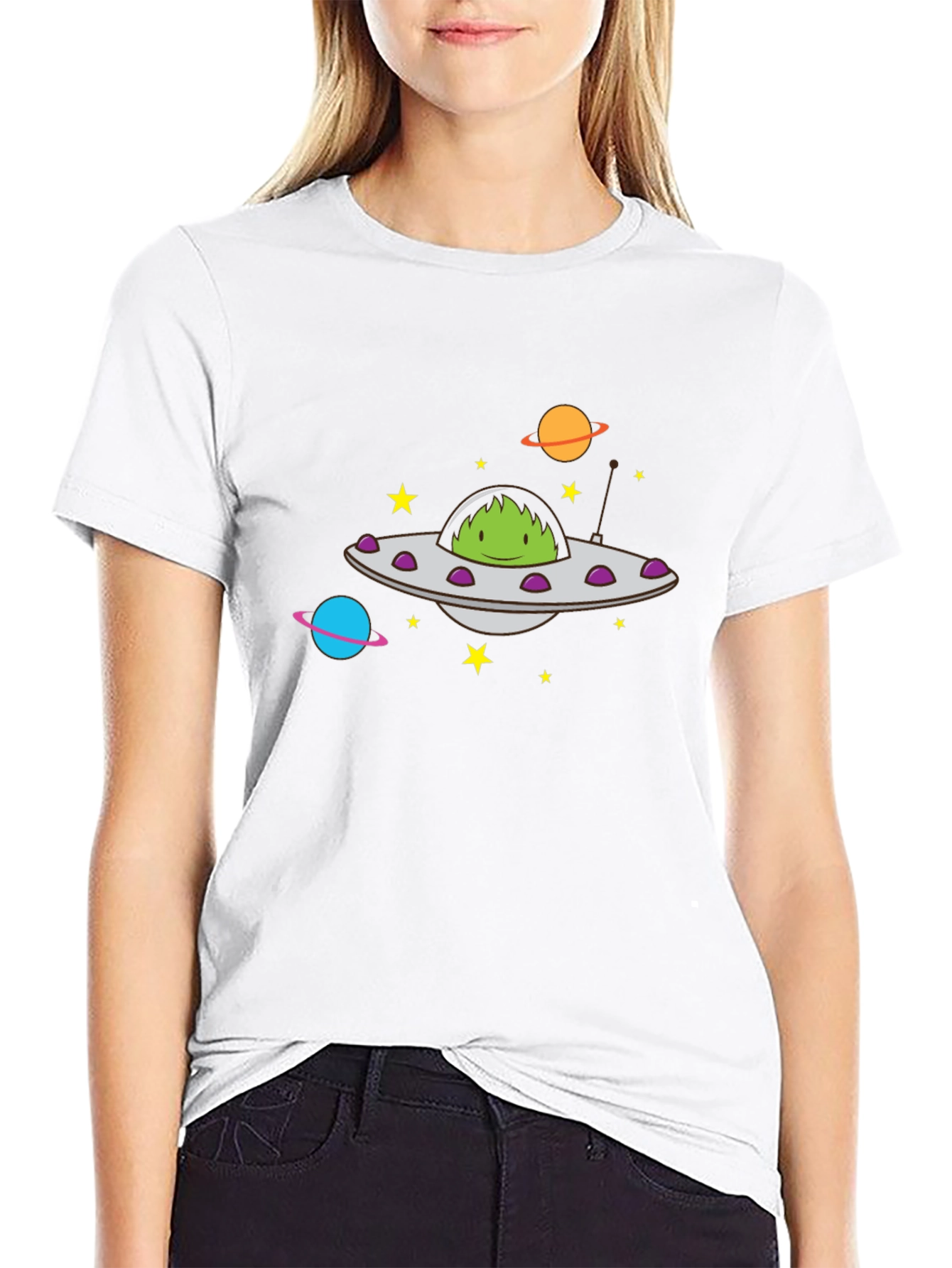 UFO Alien Graphic Print Black T-Shirt