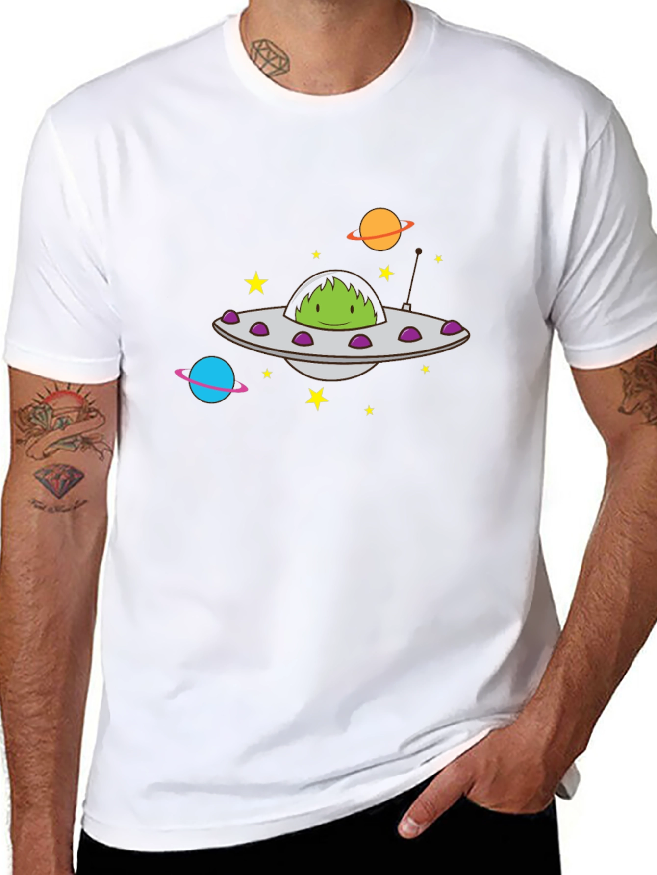 UFO Alien Graphic Print Black T-Shirt