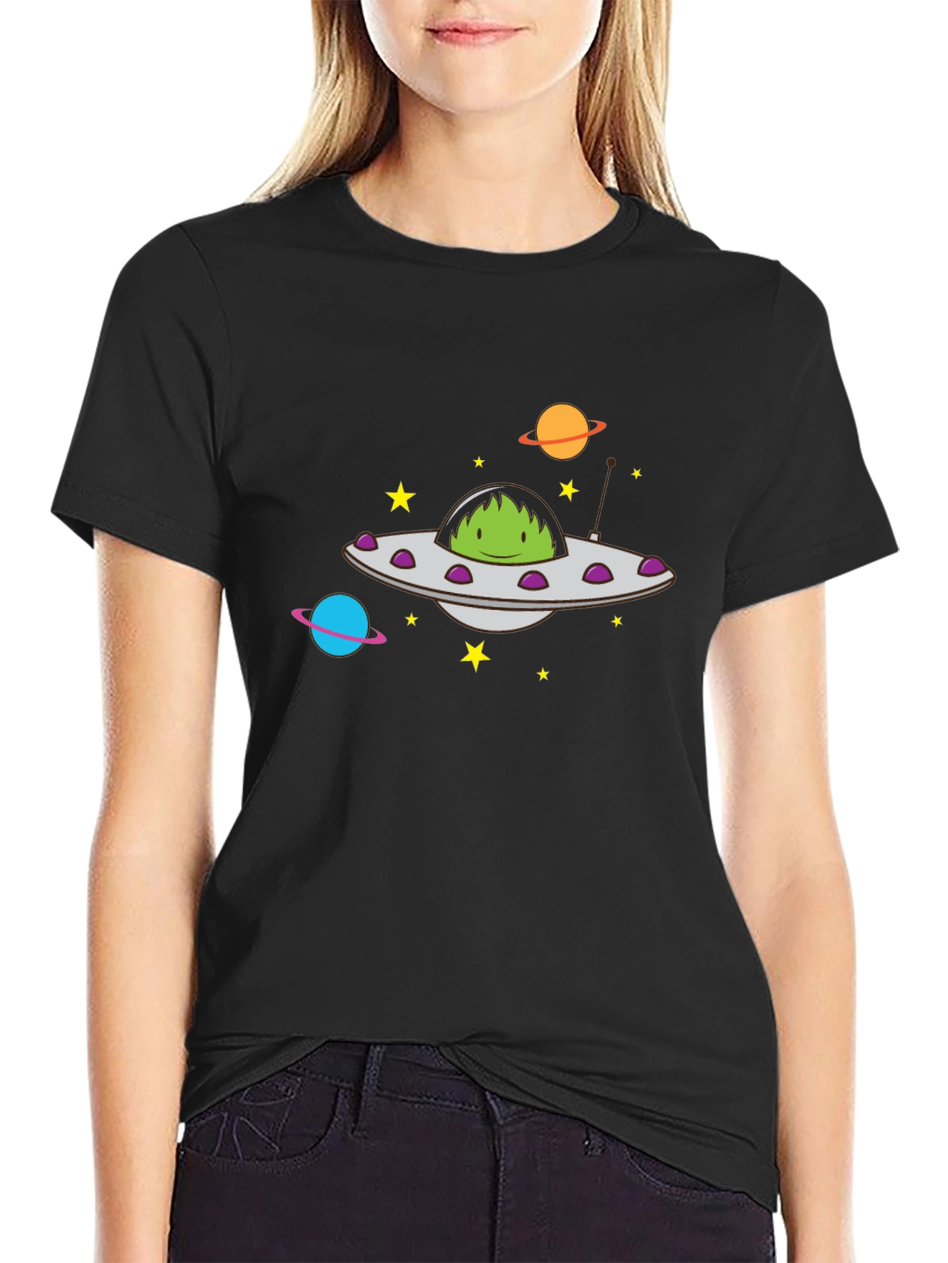 UFO Alien Graphic Print Black T-Shirt