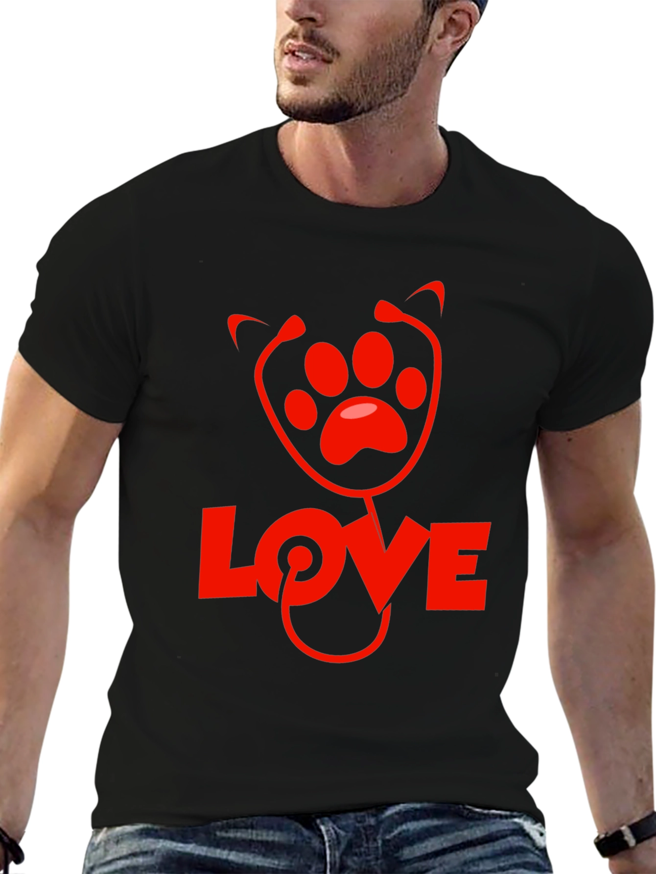 Vet Love Paw Print Stethoscope Black T-Shirt