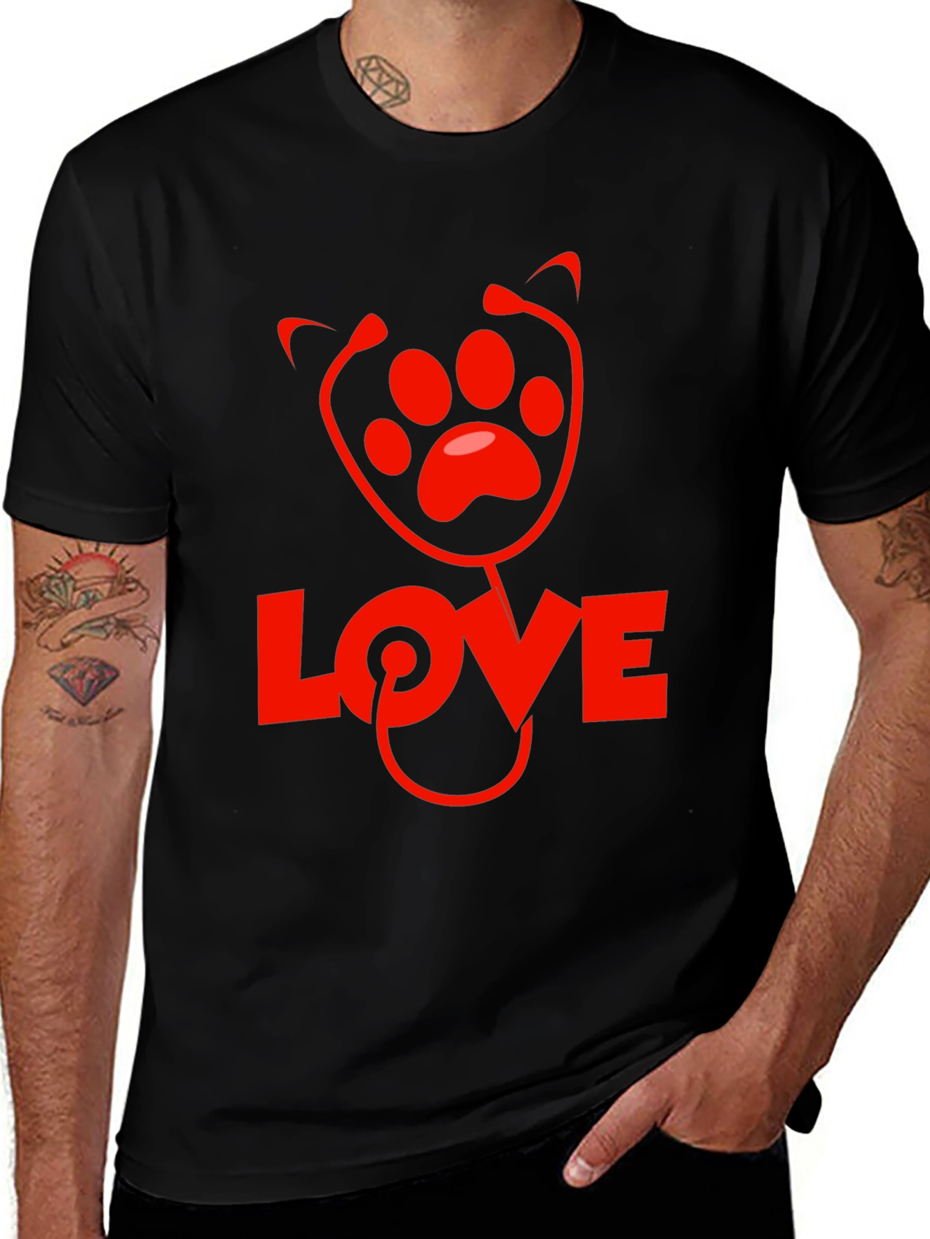 Vet Love Paw Print Stethoscope Black T-Shirt