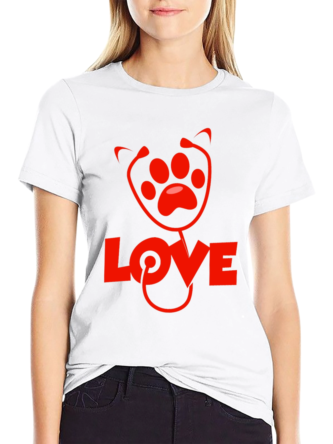 Vet Love Paw Print Stethoscope Black T-Shirt