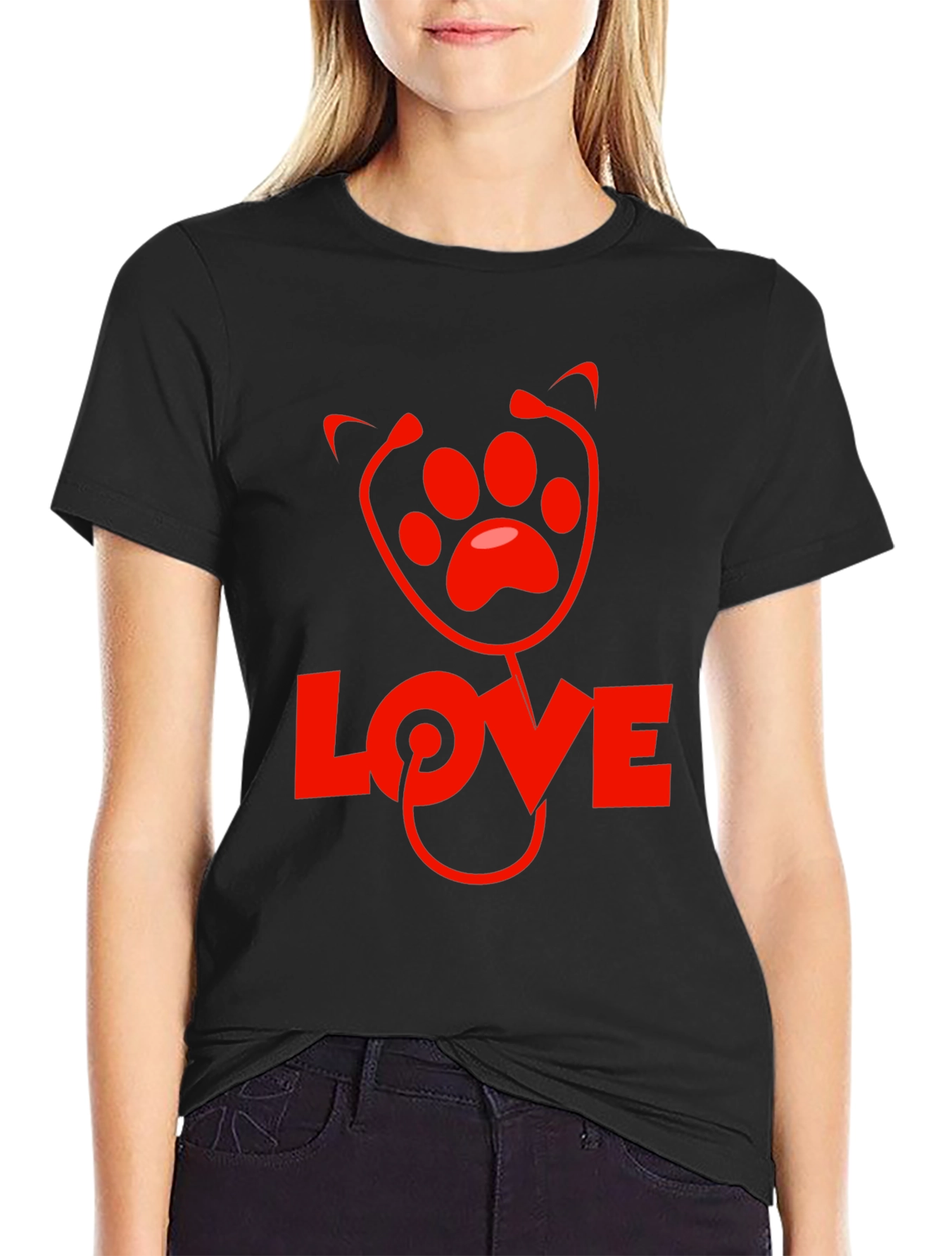 Vet Love Paw Print Stethoscope Black T-Shirt