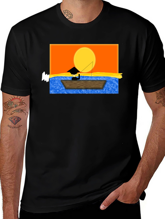 Sunset Fisherman Graphic Tee - Black Cotton Shirt