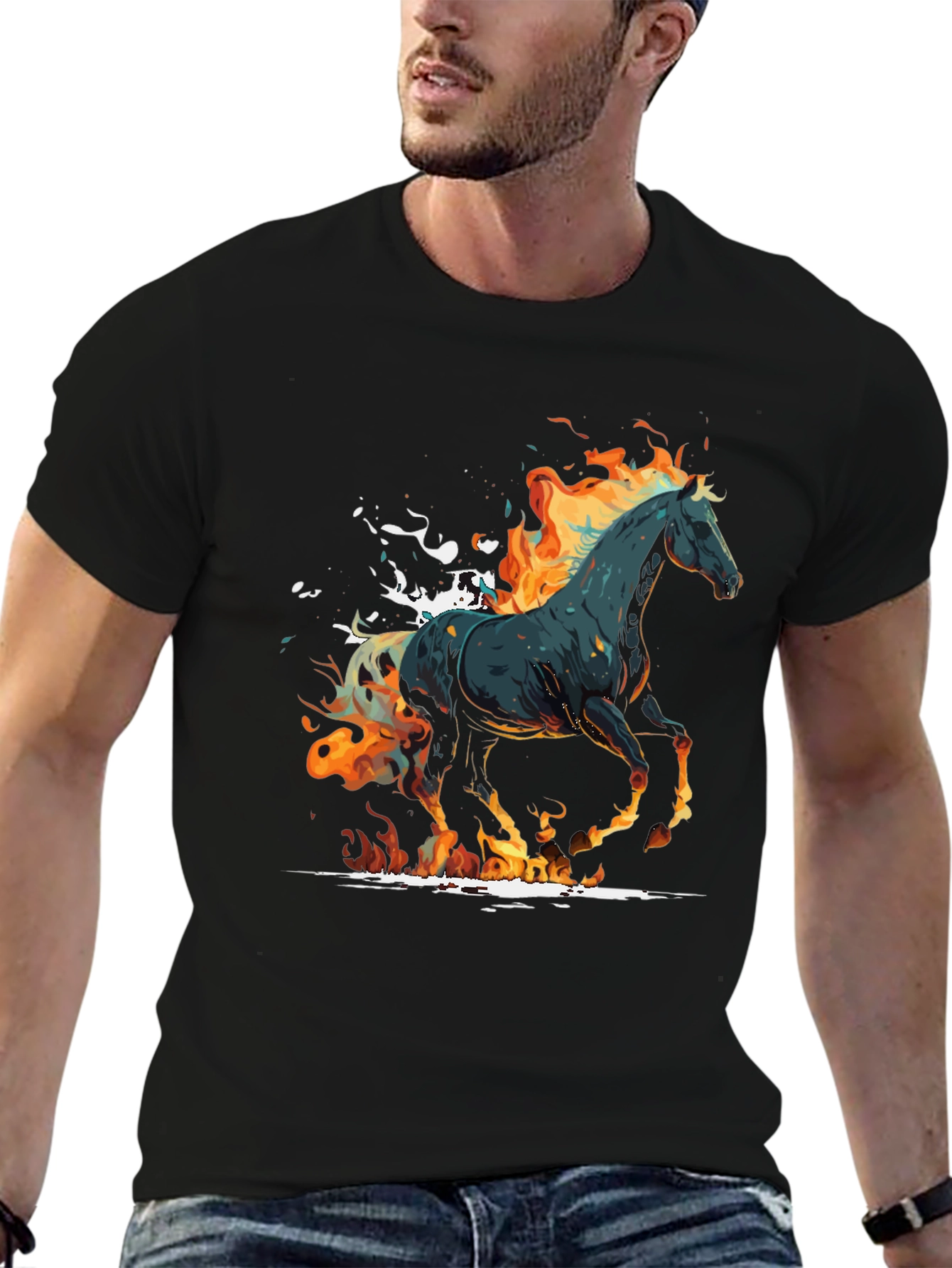 Fiery Horse Graphic Tee - Black Cotton Blend