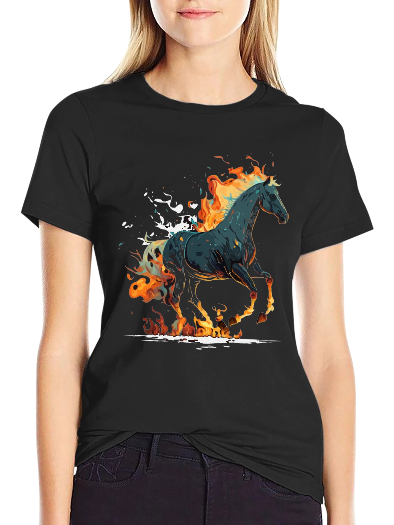 Fiery Horse Graphic Tee - Black Cotton Blend