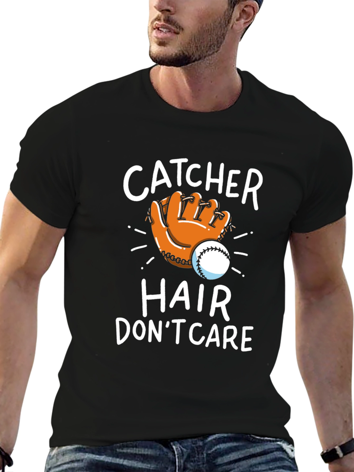 Catcher Hair Dont Care T-Shirt Baseball Fan Tee