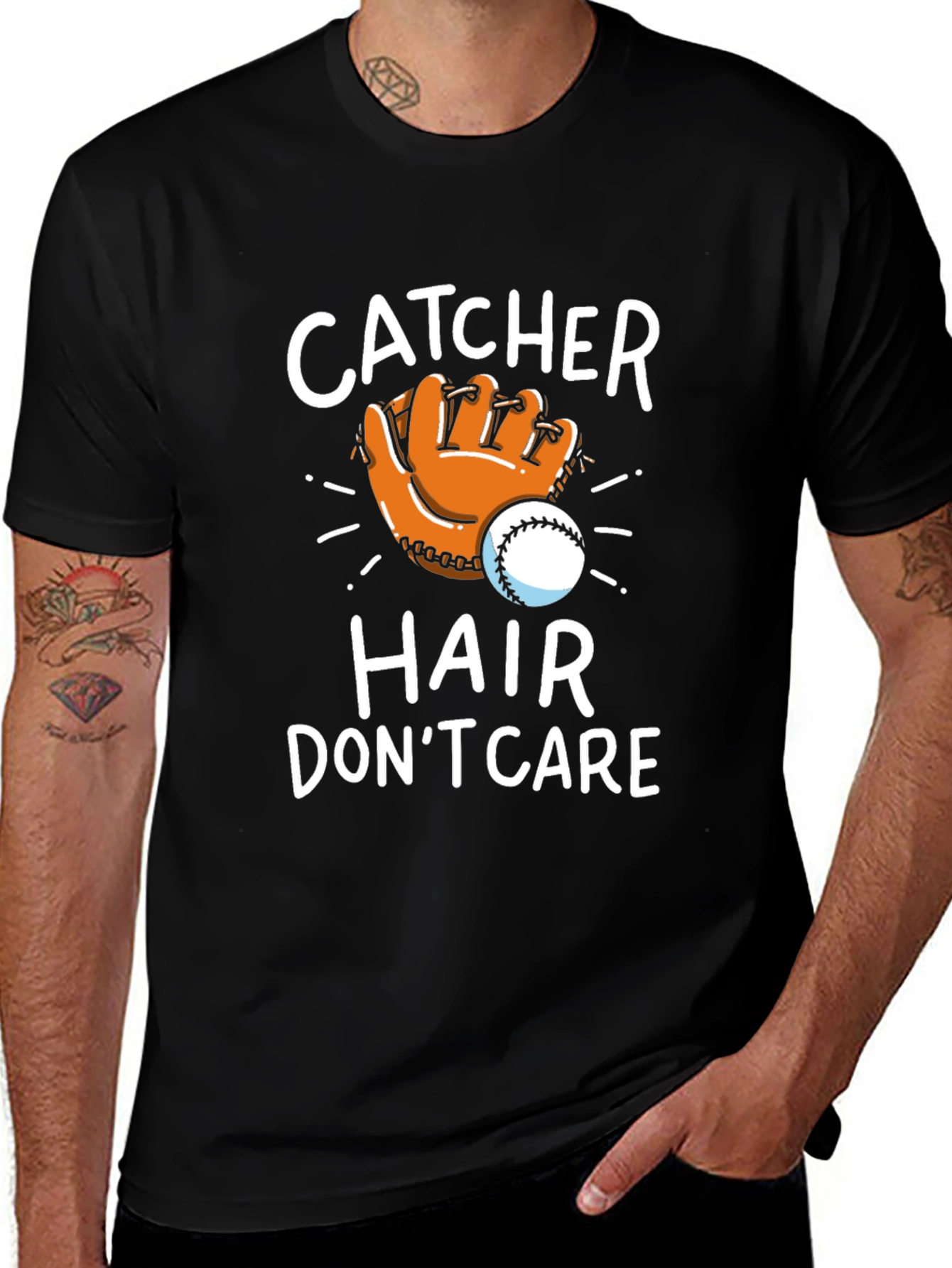 Catcher Hair Dont Care T-Shirt Baseball Fan Tee