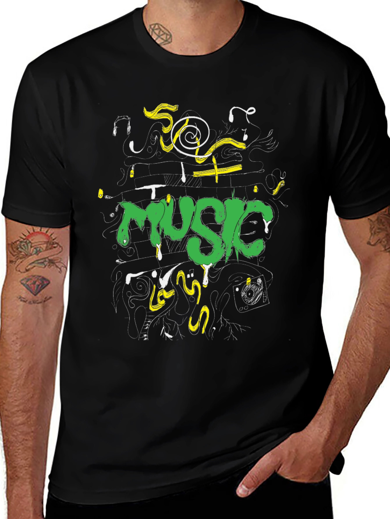 Music Graphic Print Black Crew Neck Tee