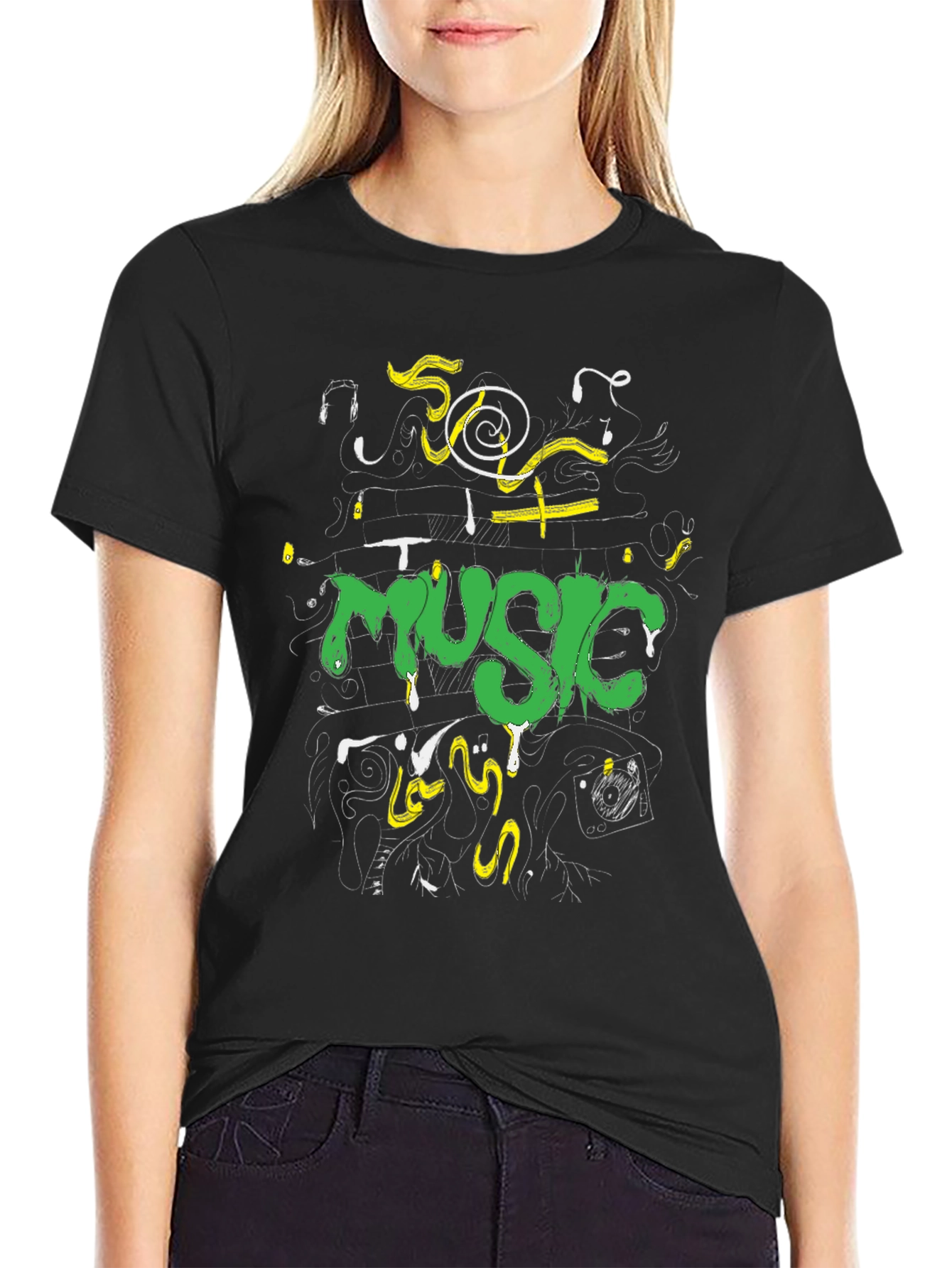 Music Graphic Print Black Crew Neck Tee