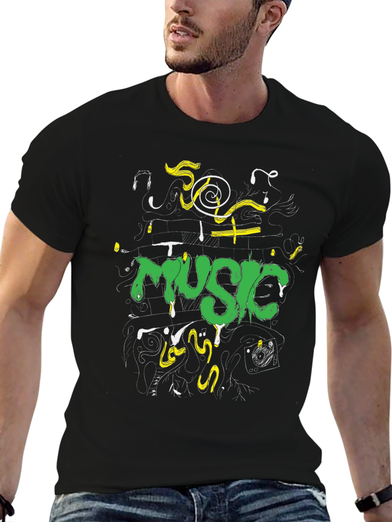 Music Graphic Print Black Crew Neck Tee