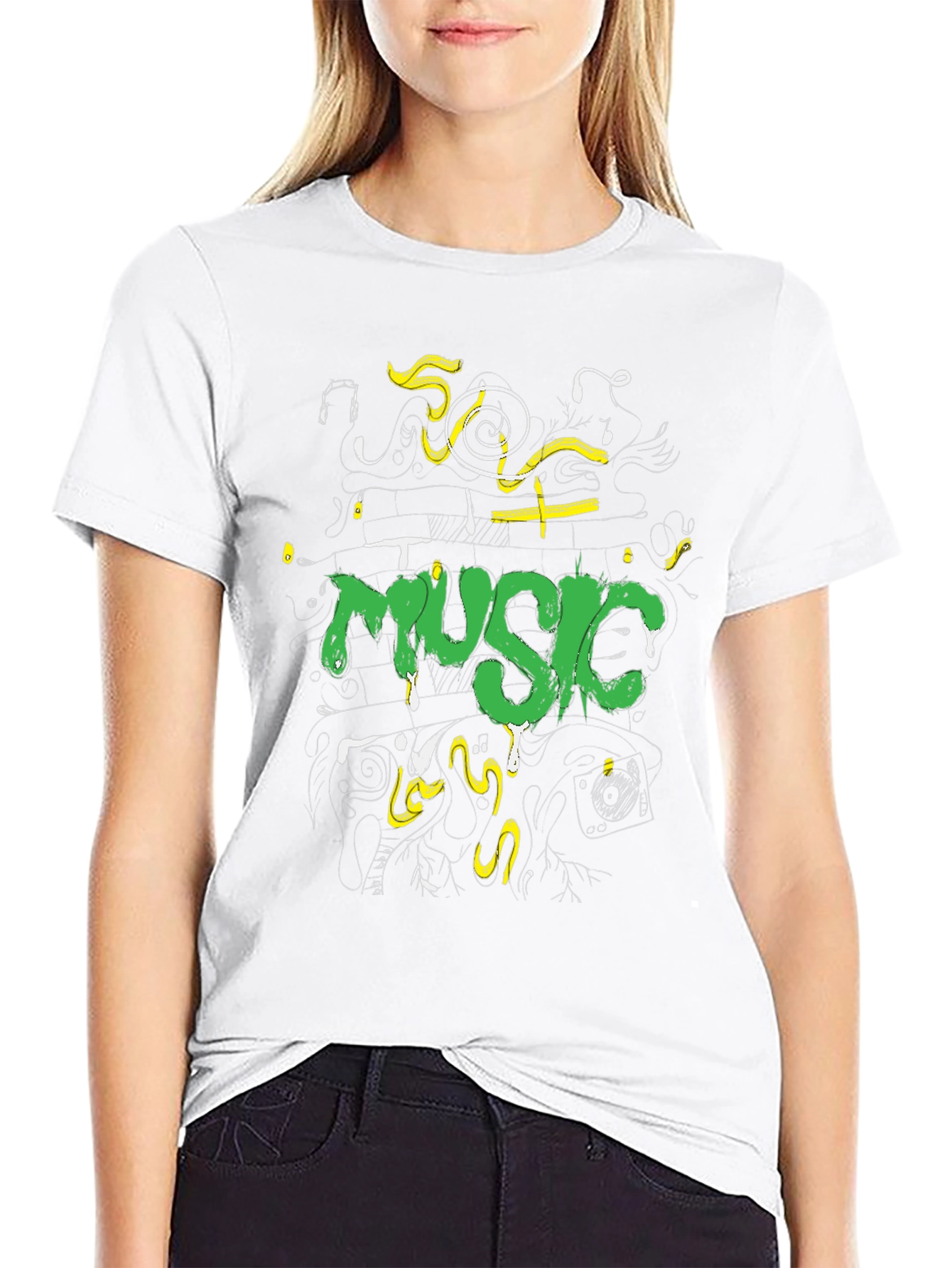 Music Graphic Print Black Crew Neck Tee