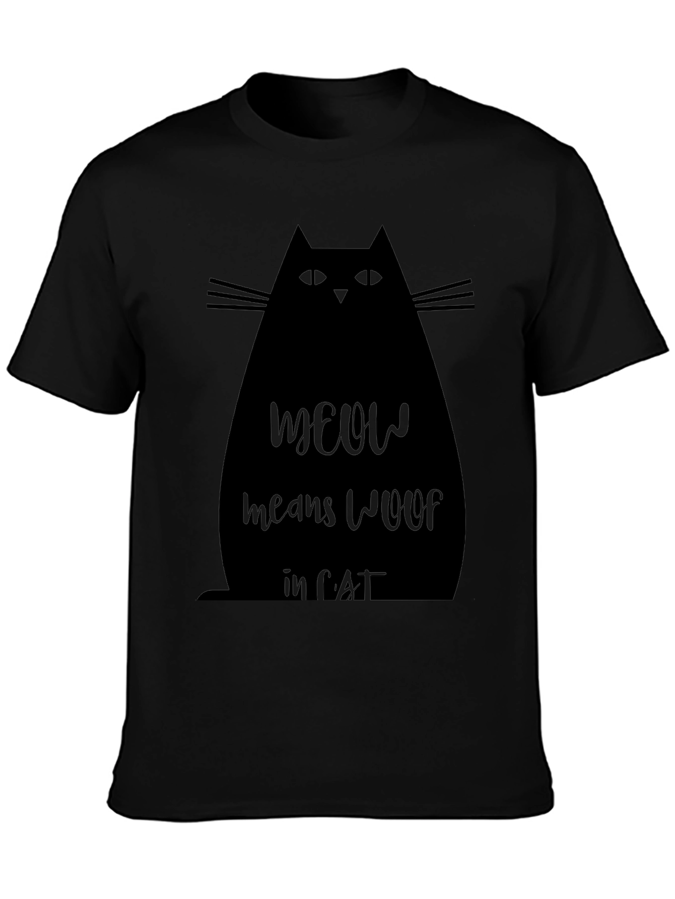 Meow Means Woof in Cat Black T-Shirt