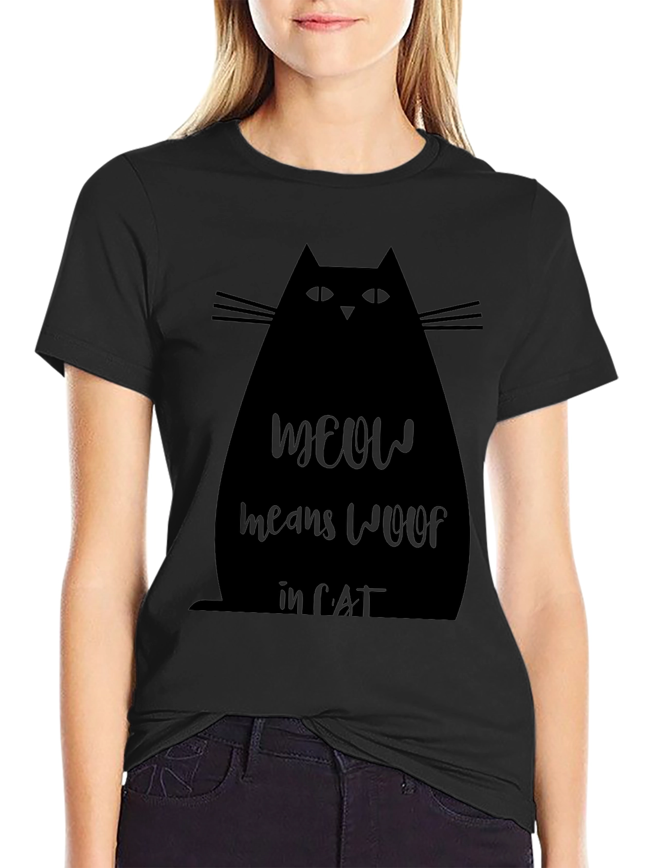 Meow Means Woof in Cat Black T-Shirt
