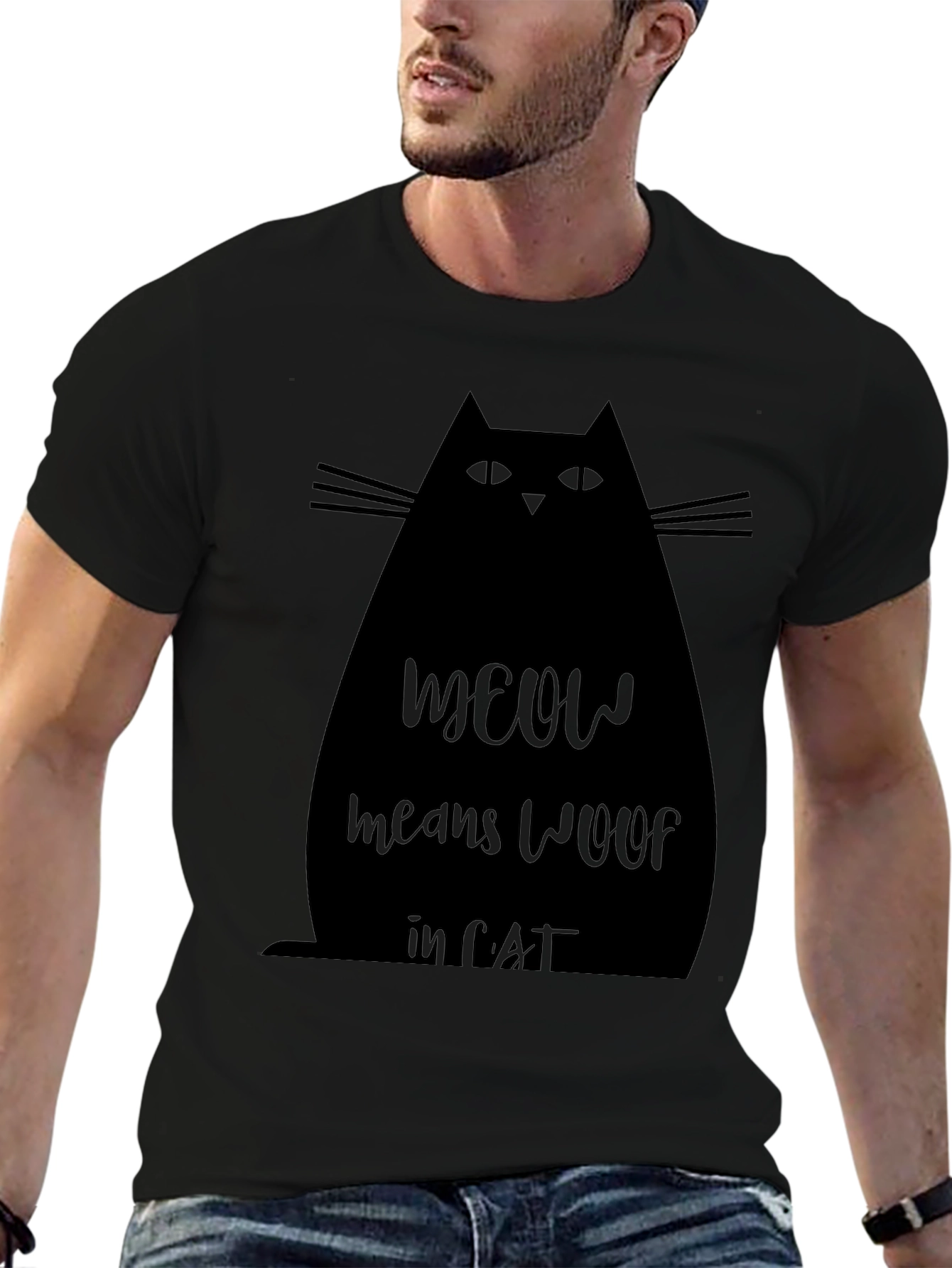 Meow Means Woof in Cat Black T-Shirt