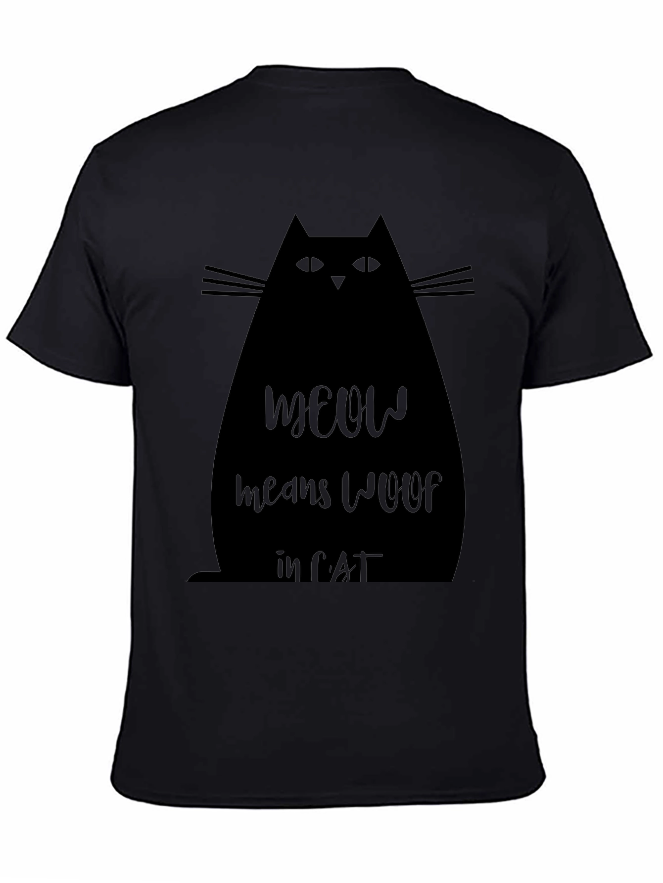 Meow Means Woof in Cat Black T-Shirt