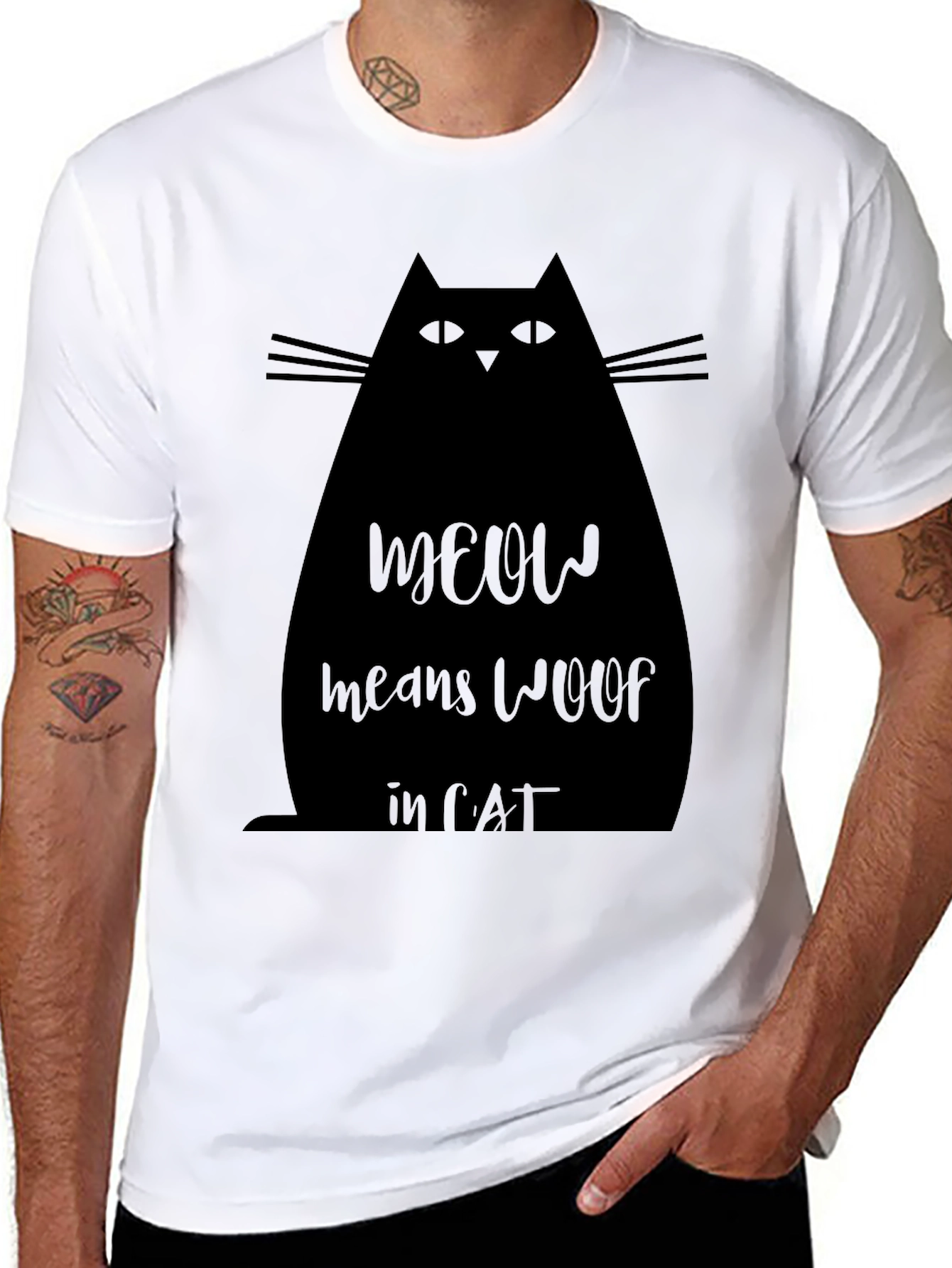 Meow Means Woof in Cat Black T-Shirt