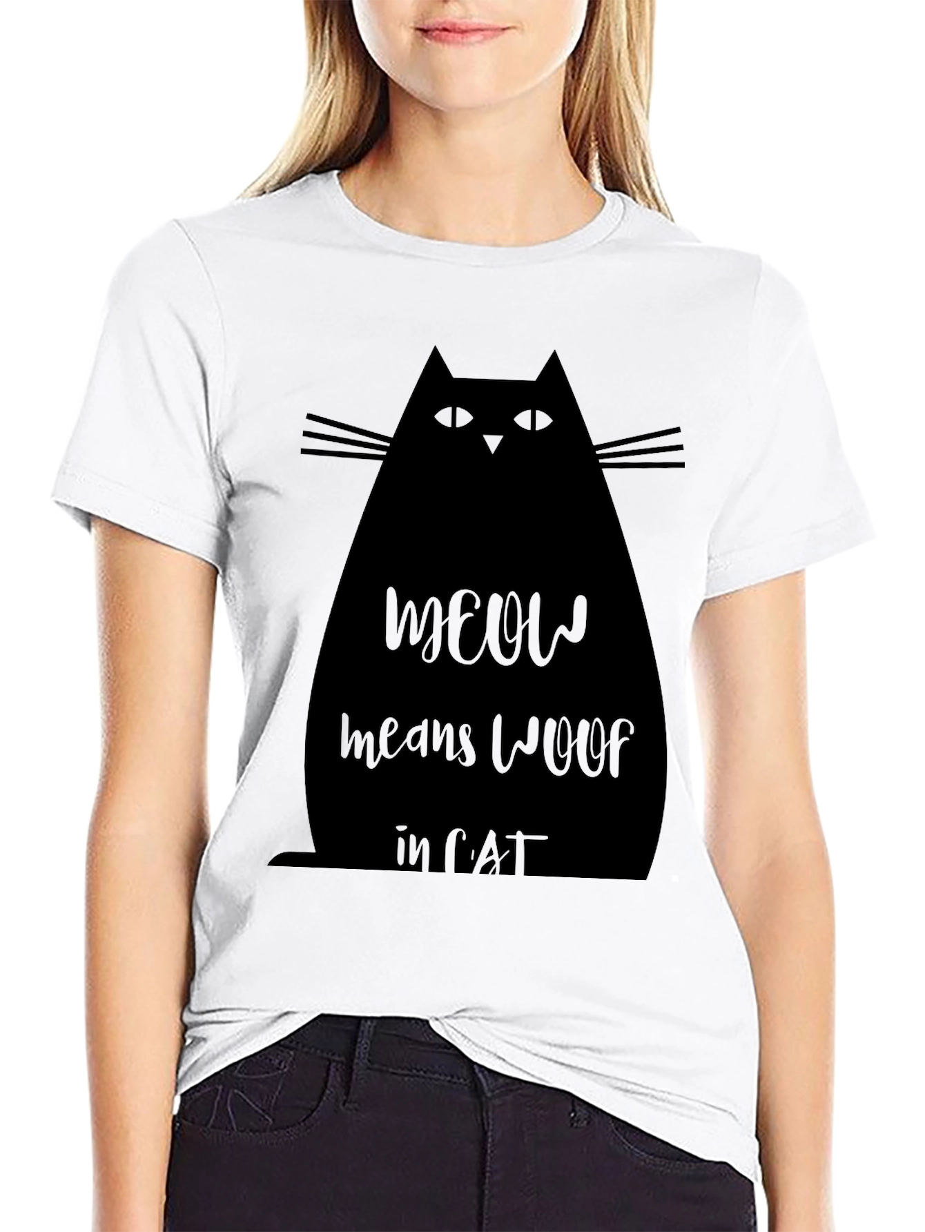 Meow Means Woof in Cat Black T-Shirt