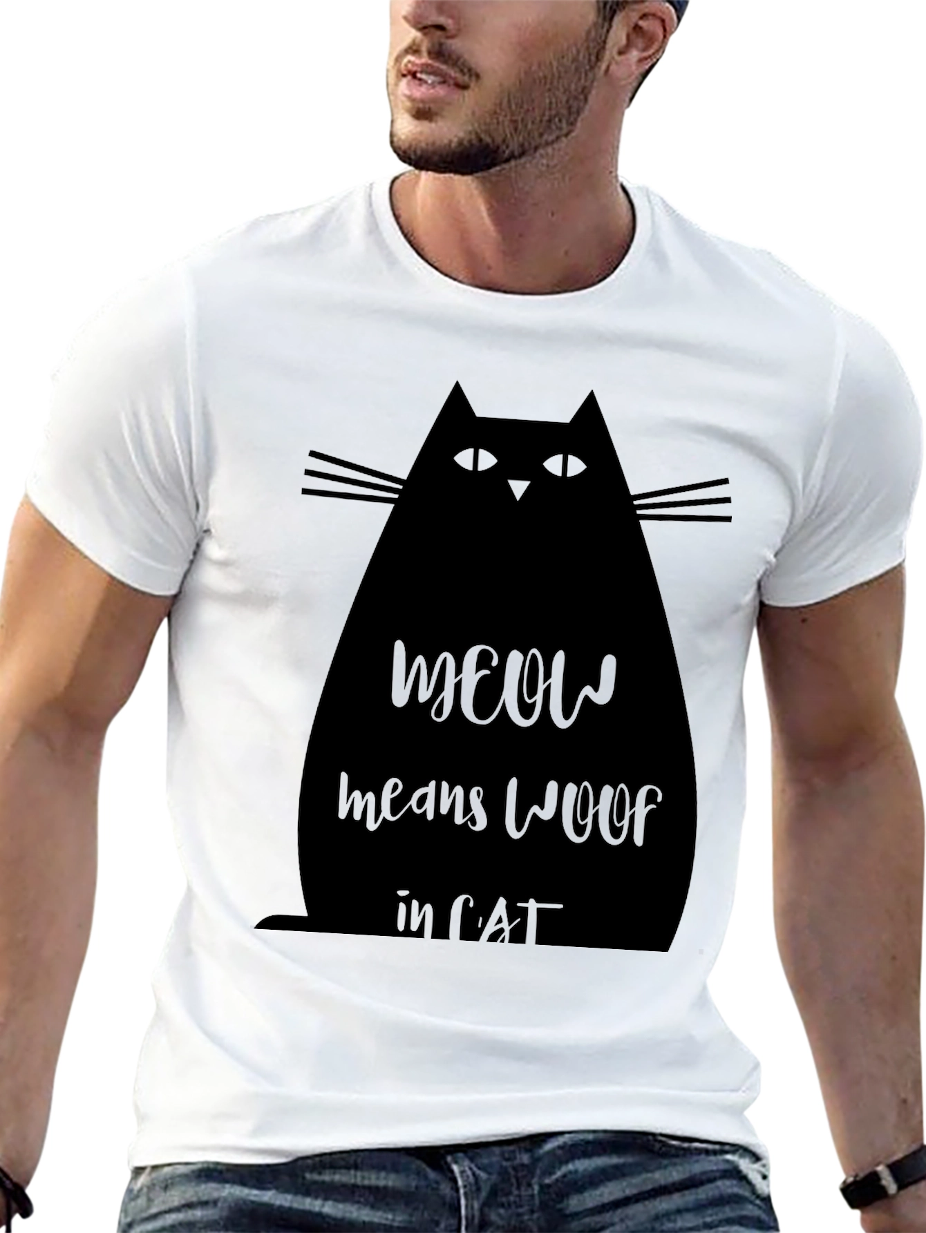 Meow Means Woof in Cat Black T-Shirt