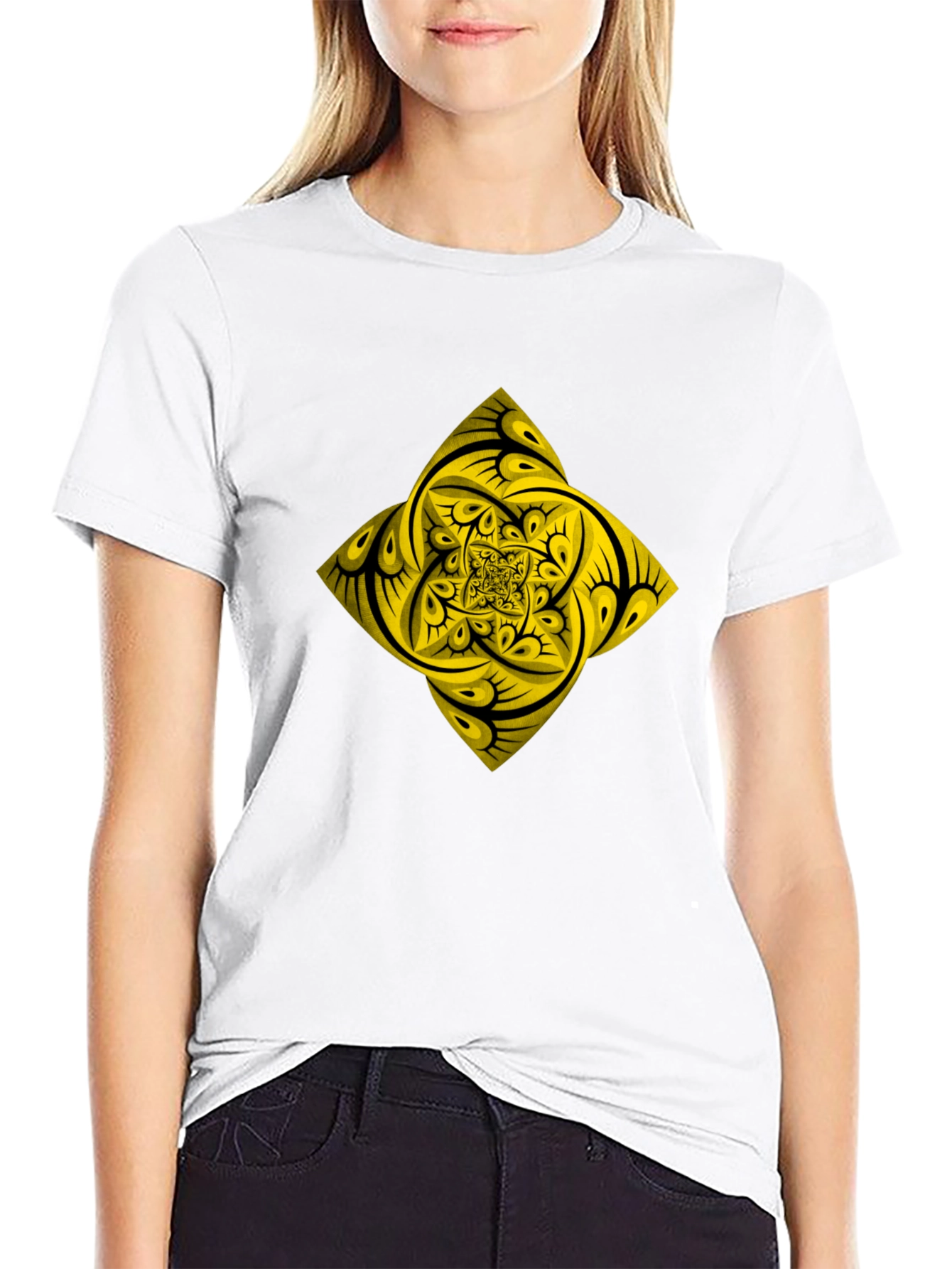 Geometric Yellow Fractal Graphic Black T-Shirt