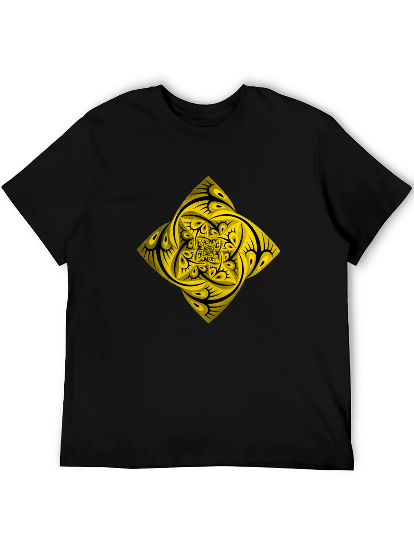 Geometric Yellow Fractal Graphic Black T-Shirt