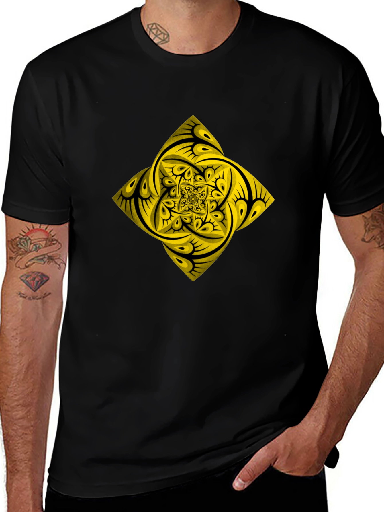 Geometric Yellow Fractal Graphic Black T-Shirt