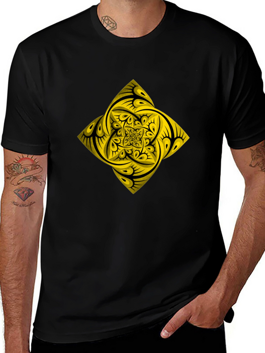 Geometric Yellow Fractal Graphic Black T-Shirt