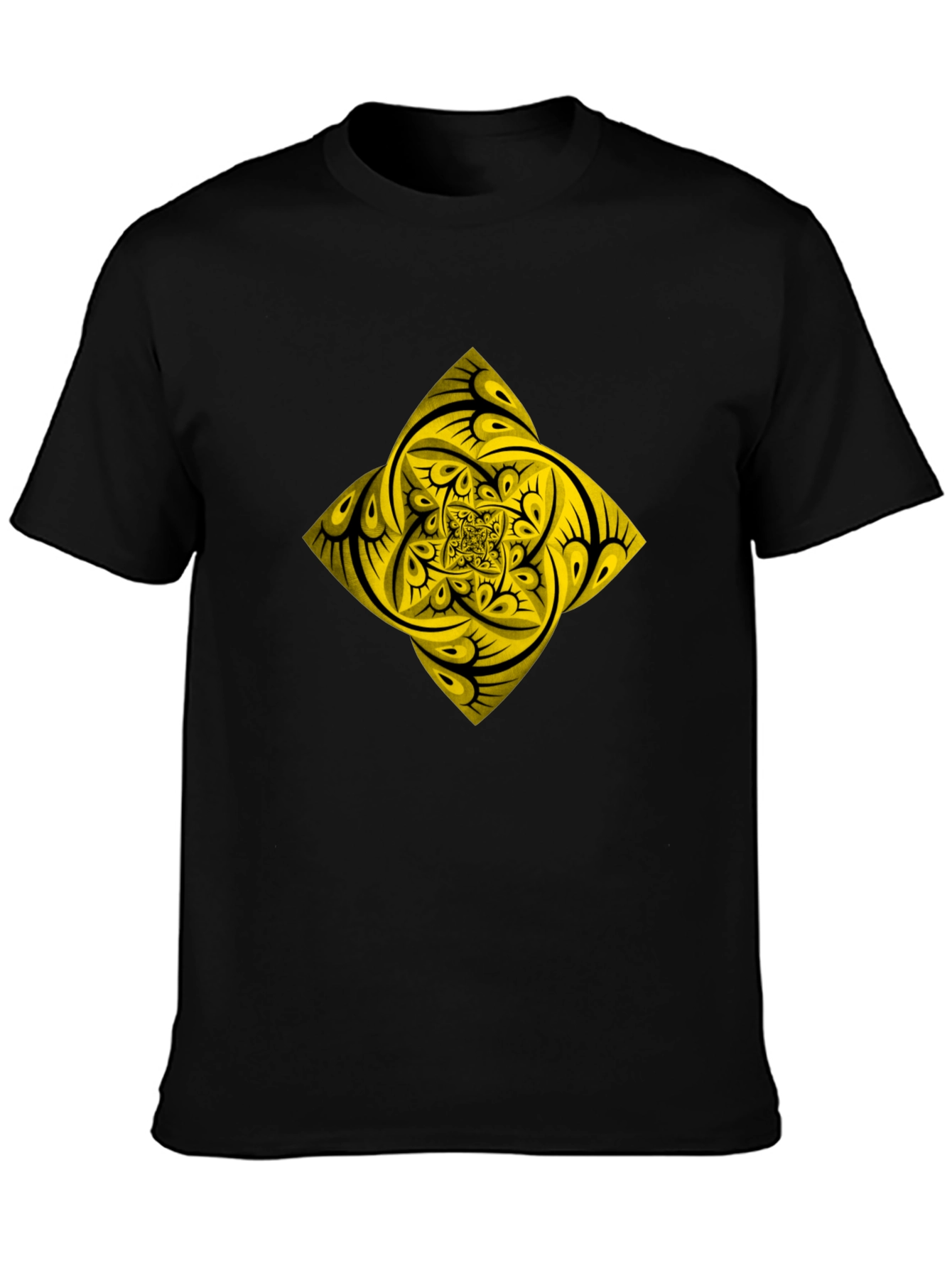 Geometric Yellow Fractal Graphic Black T-Shirt