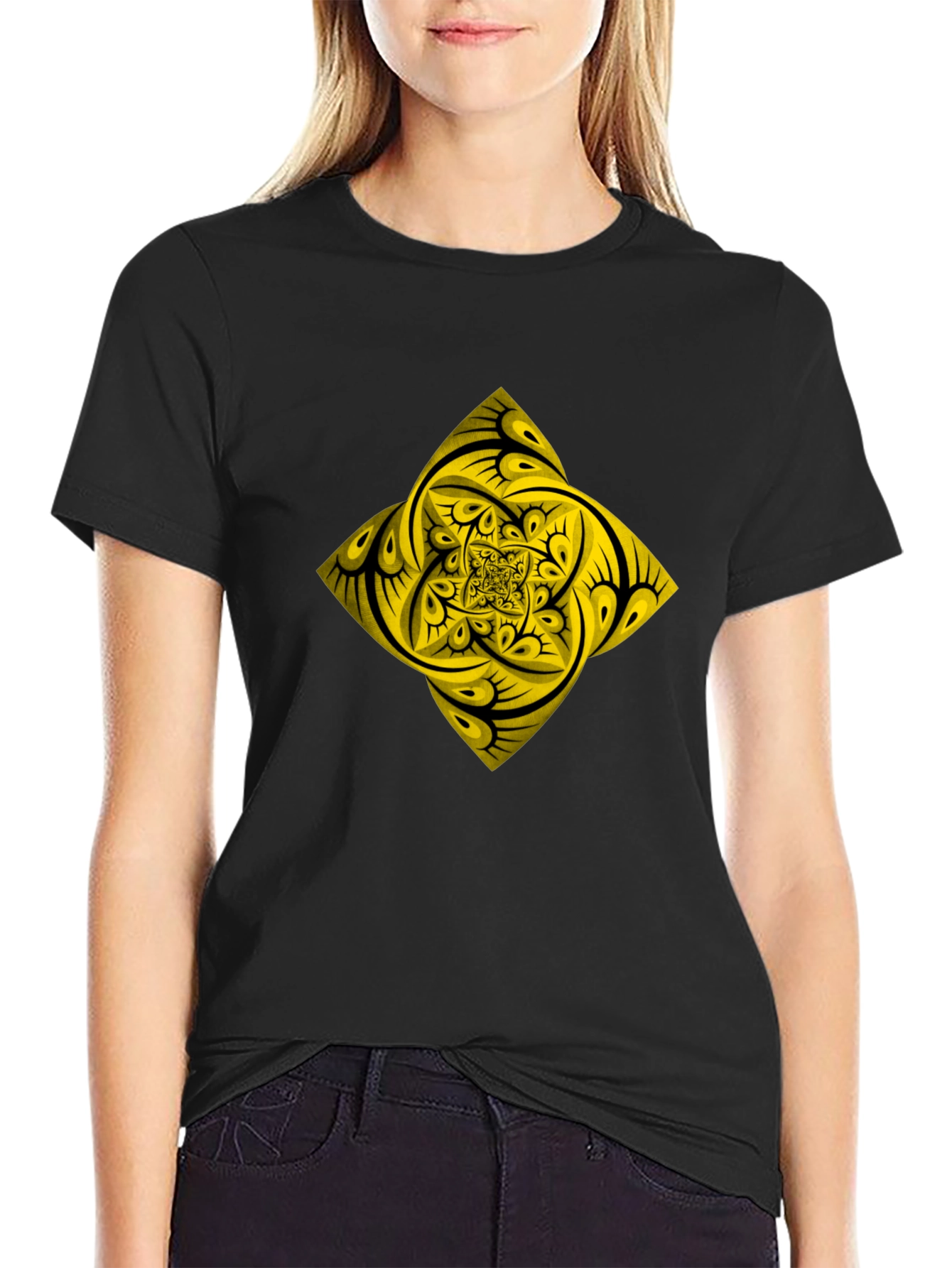 Geometric Yellow Fractal Graphic Black T-Shirt