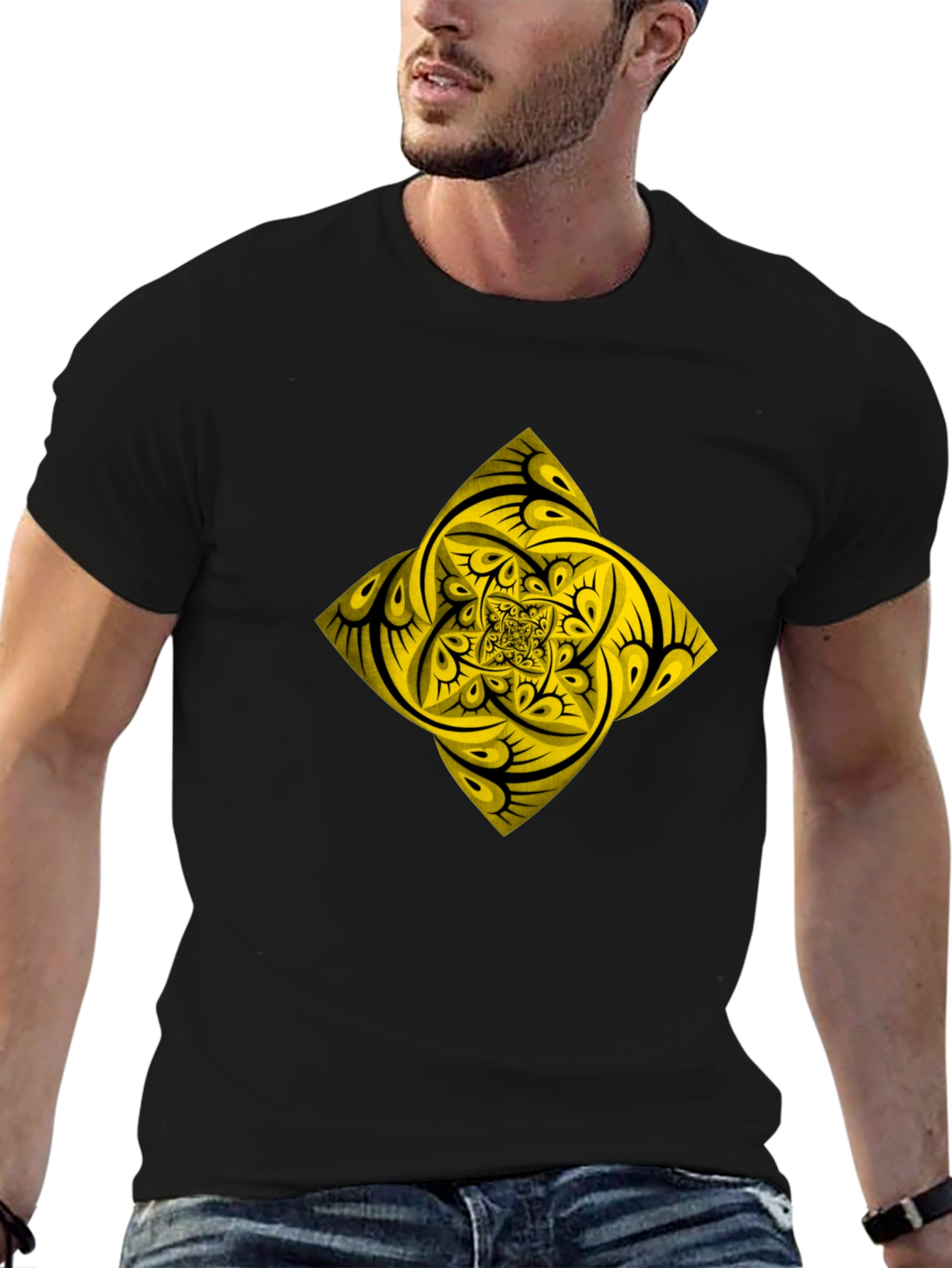 Geometric Yellow Fractal Graphic Black T-Shirt