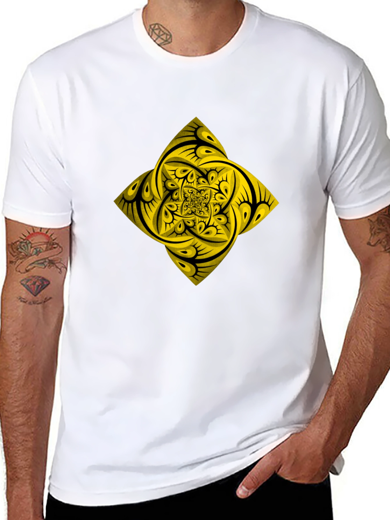 Geometric Yellow Fractal Graphic Black T-Shirt