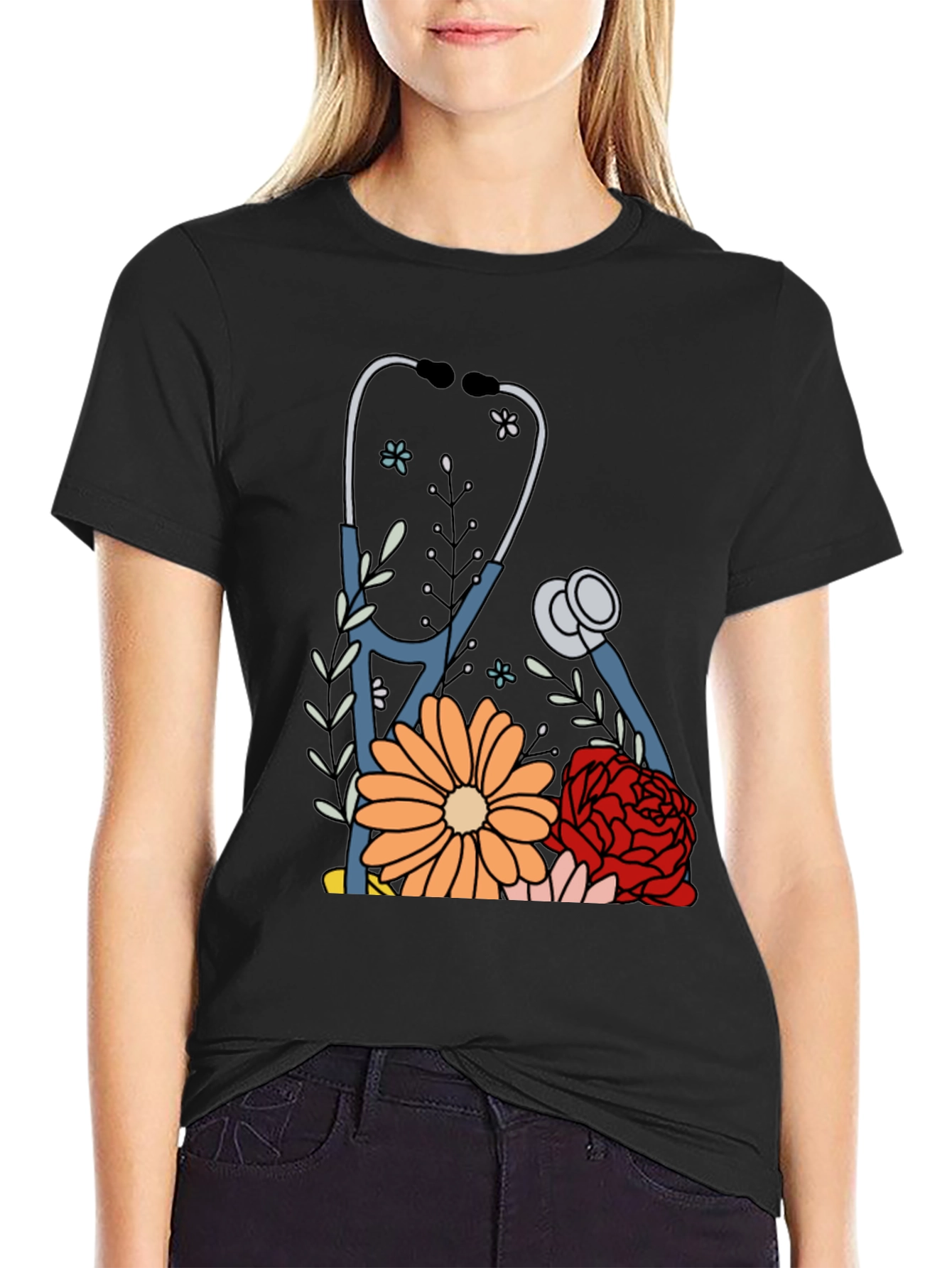 Floral Stethoscope Graphic Tee - Medical Professional Apparel
