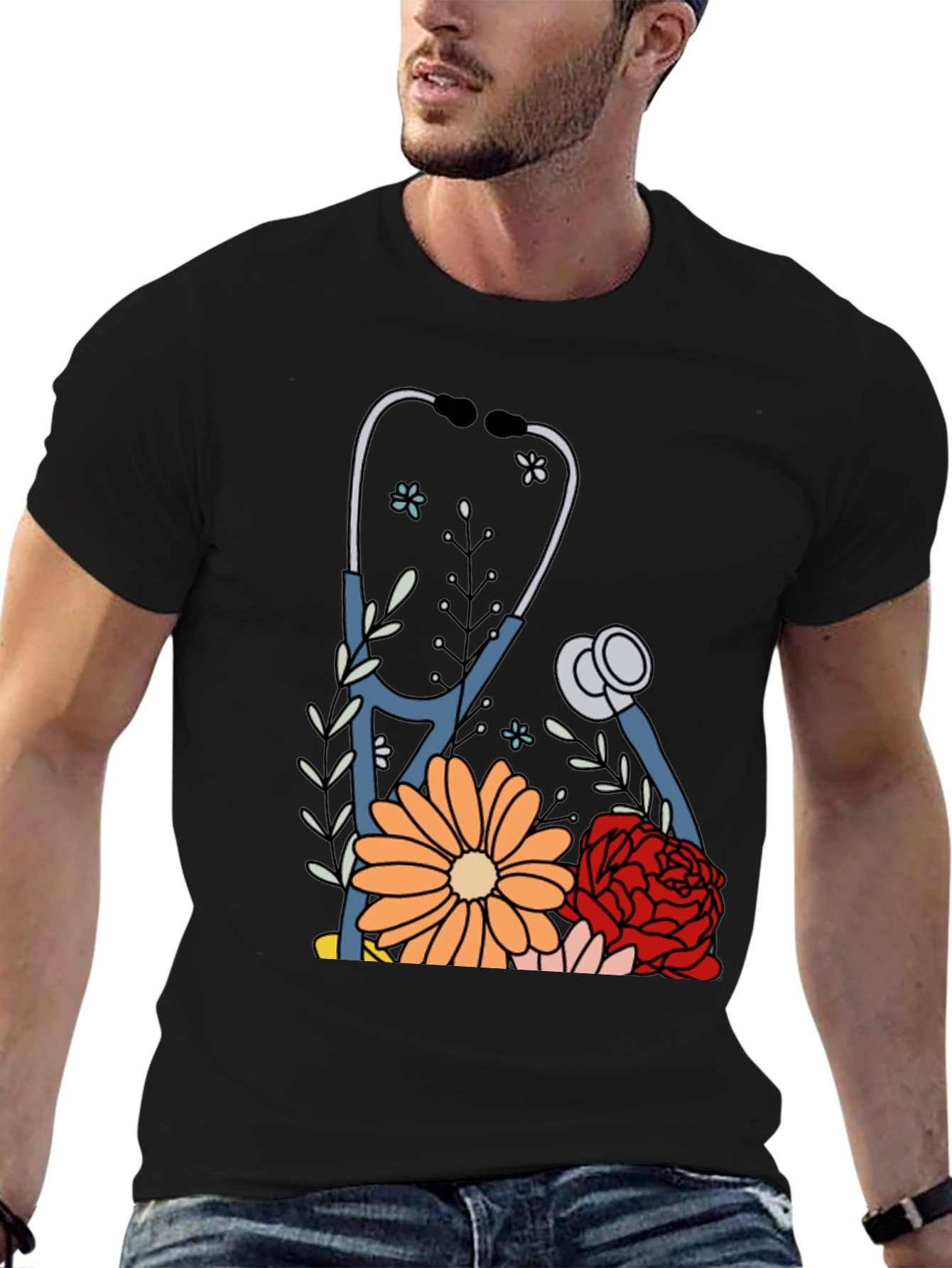 Floral Stethoscope Graphic Tee - Medical Professional Apparel