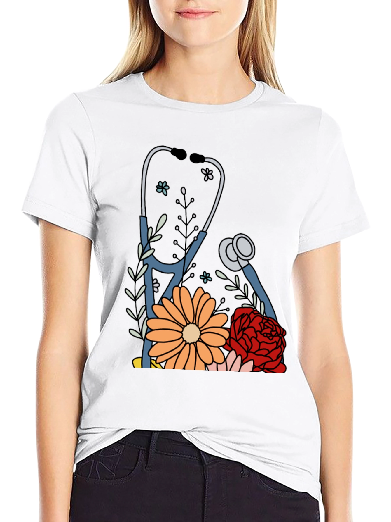 Floral Stethoscope Graphic Tee - Medical Professional Apparel