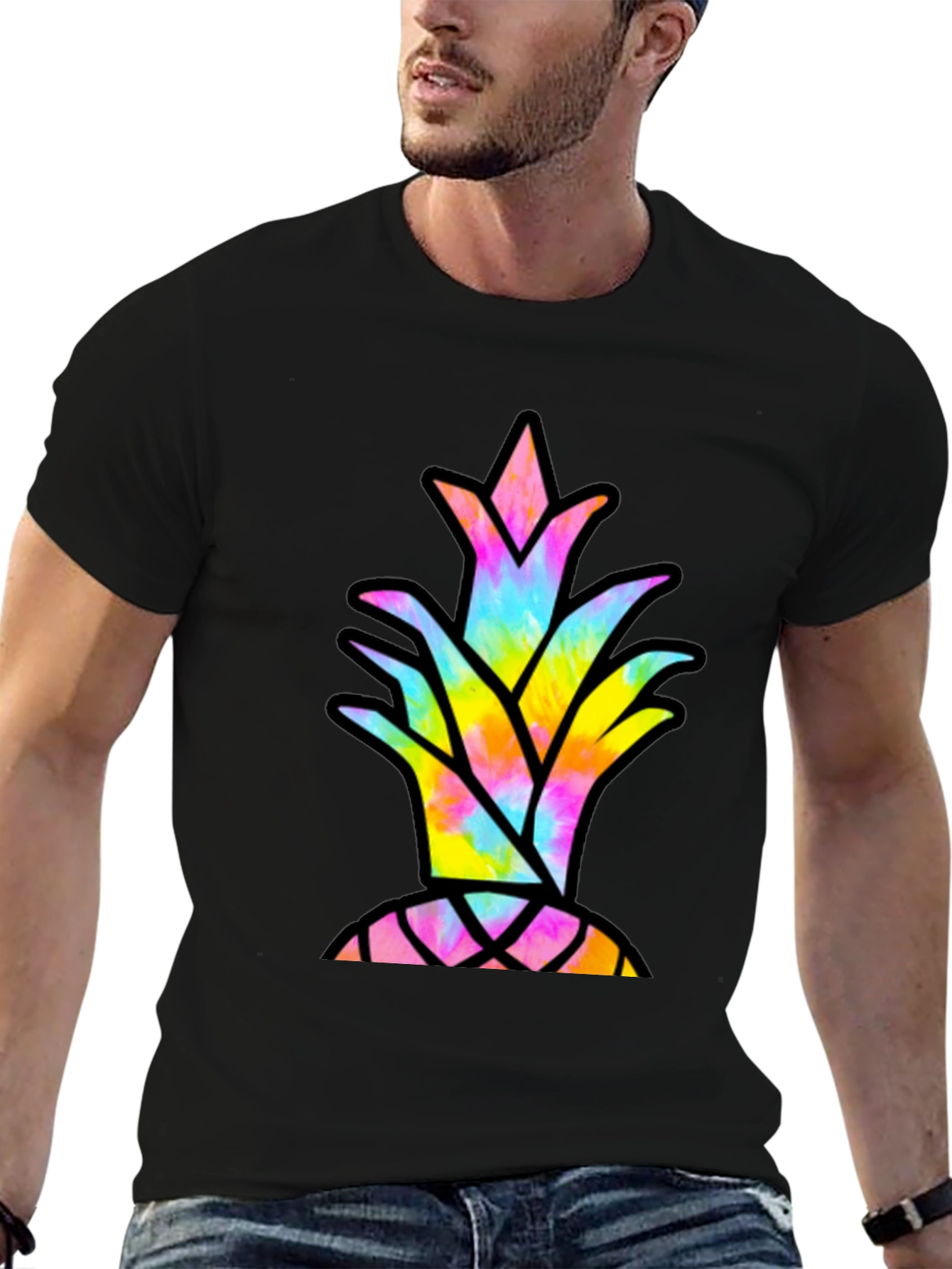 Tie Dye Pineapple Graphic Tee - Casual Black T-Shirt
