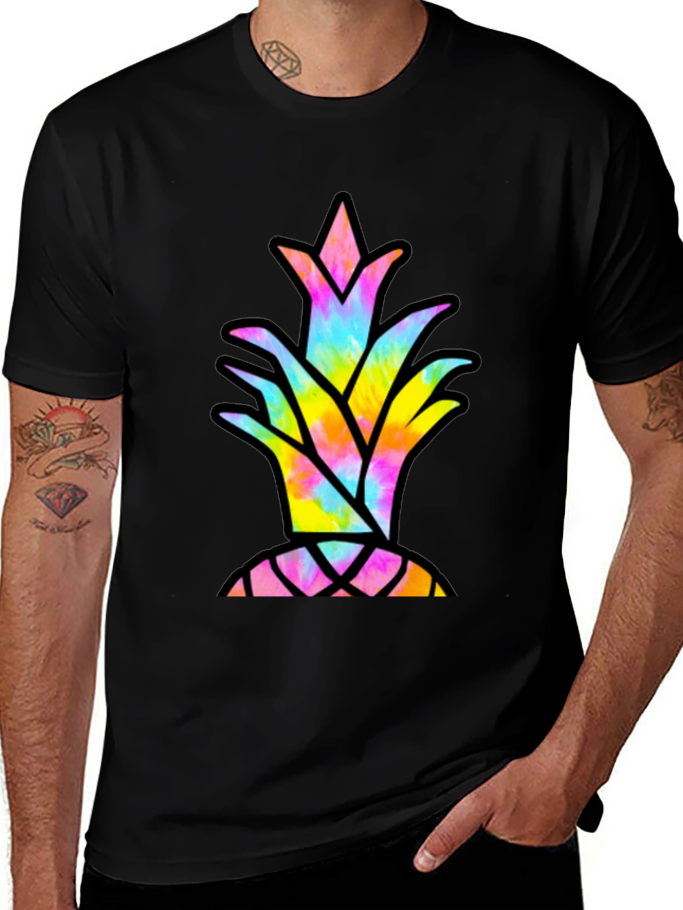 Tie Dye Pineapple Graphic Tee - Casual Black T-Shirt