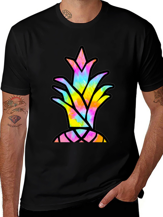 Tie Dye Pineapple Graphic Tee - Casual Black T-Shirt