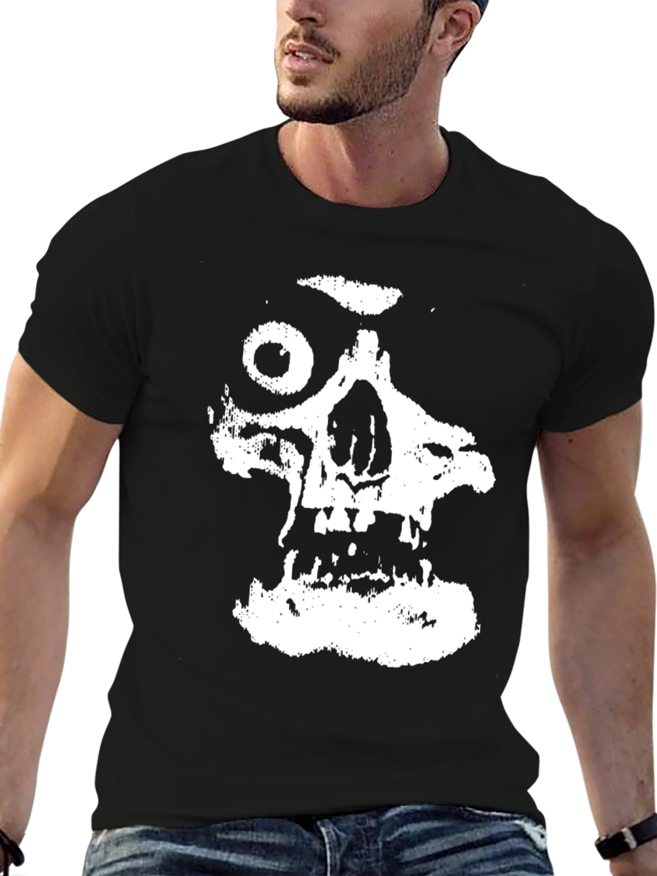 Black T-Shirt with Distressed Skull Graphic